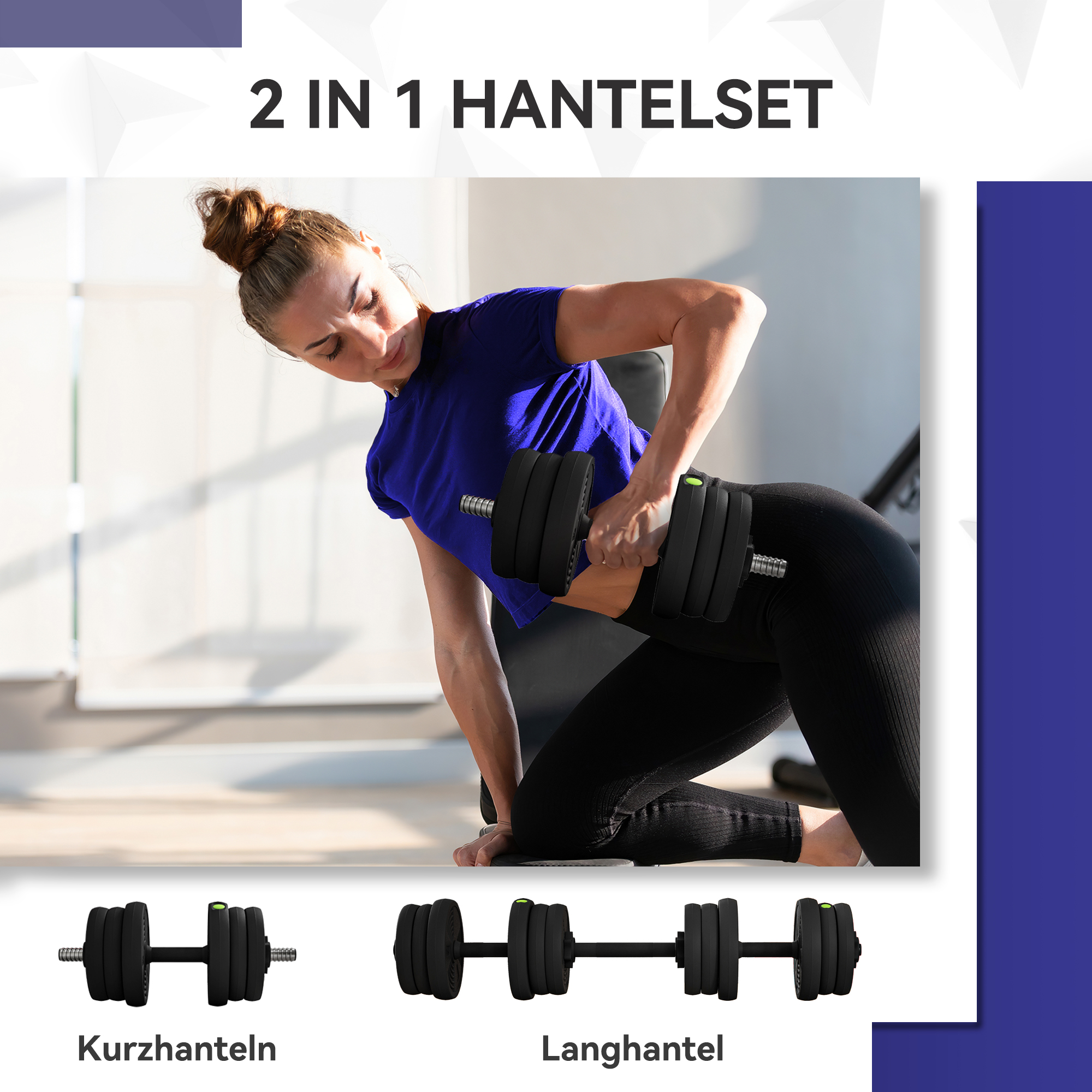 2-in-1 Hantel-Set, Lang- & Kurzhantel, 20 kg, rutschfest, bodenschonend, Schwarz/Grün