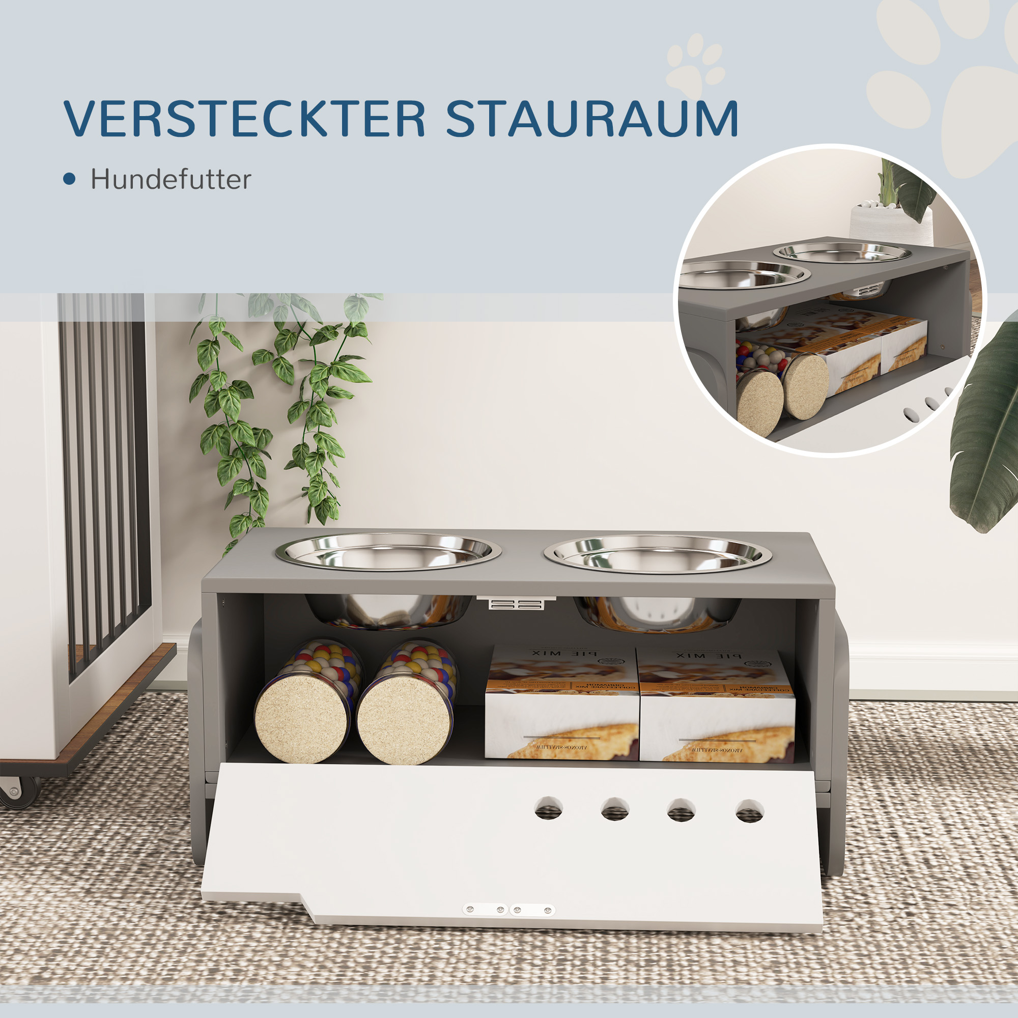 Erhöhte Fütterungsstation für Hunde, mit Stauraum und Anti-Schling-Matte, 2 x 2000 ml Edelstahlnapf, Grau