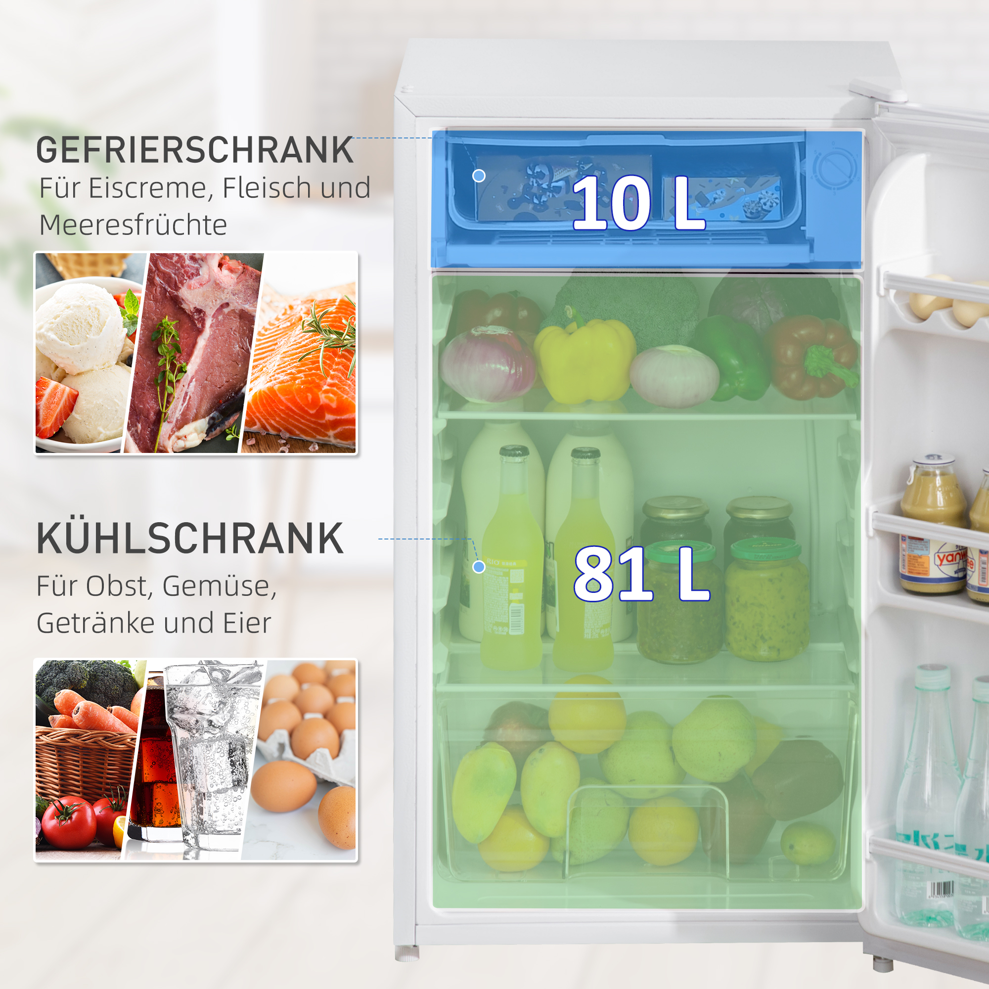 Mini-Kühlschrank, 91 Liter Kapazität, Gefrierfach, verstellbare Fächer, leiser Betrieb, kompakte Größe, Kunststoff, Stahl, Weiß