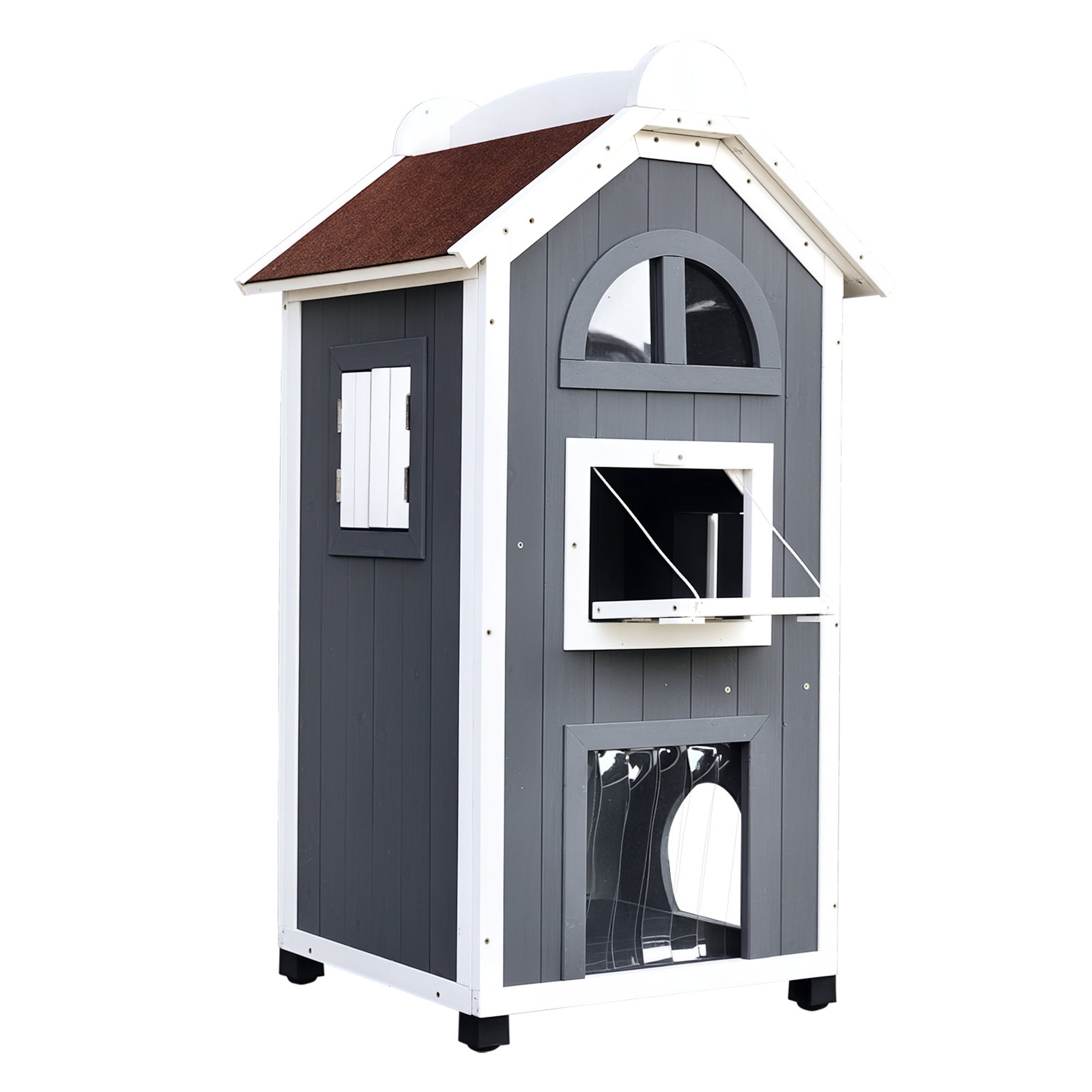 Katzenhaus für Katzenbett oder Katzentoilette, Katzenschrank, Katzenklo Indoor, Tannenholz, Asphaltdach, Grau, 59 x 55 x 109 cm