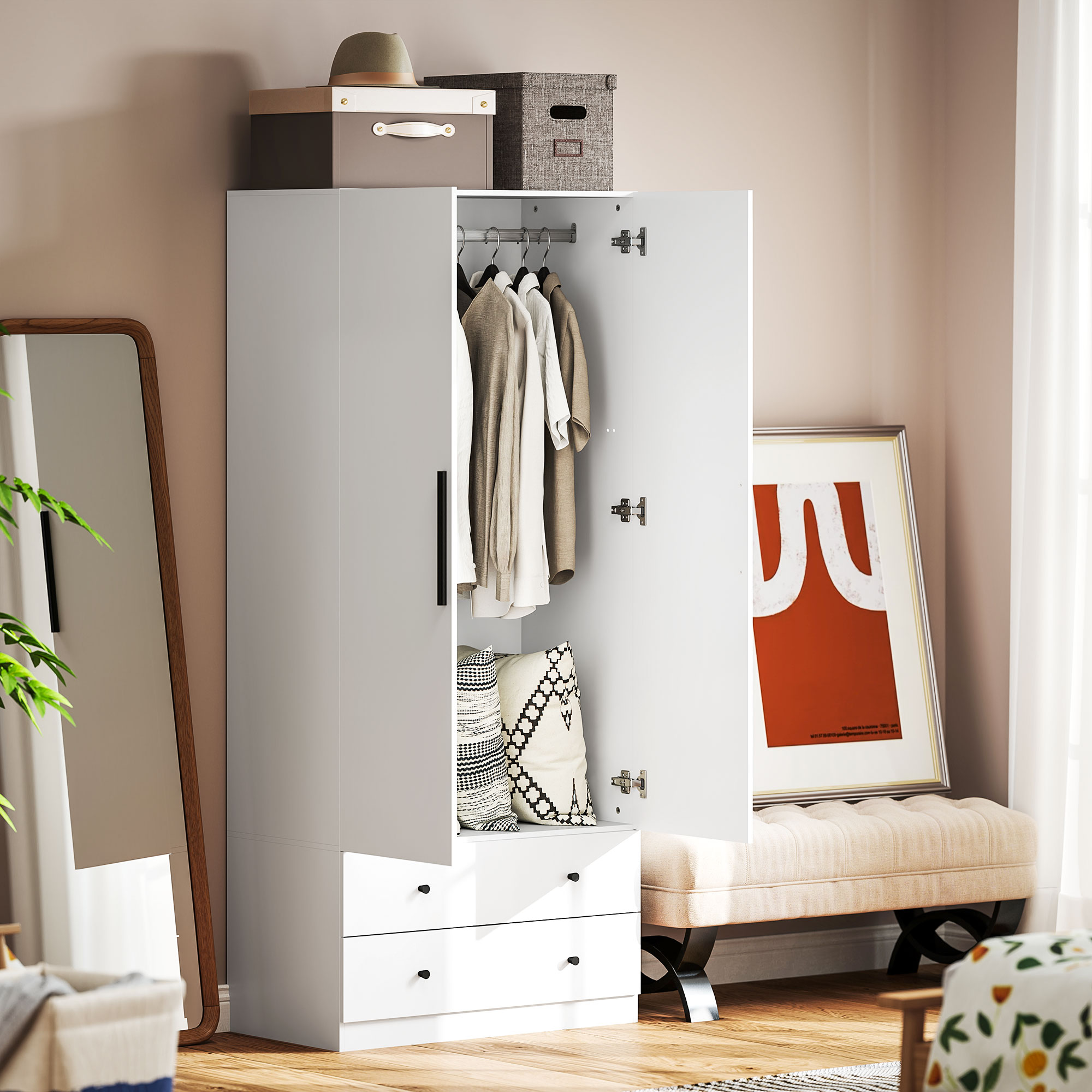 Kleiderschrank, 2 Türen, Hängebereich, Kleiderstange, 2 Schubladen, Spanplatte, Weiß