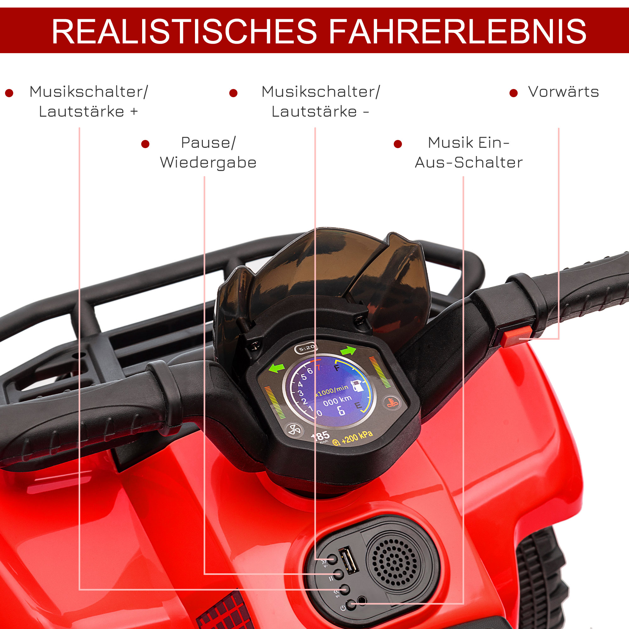 Kinderquad 6V Kinderquad mit Vorwärtsfunktion, Musik, Elektro-Quad für Kinder 1,5-3 Jahre Rot