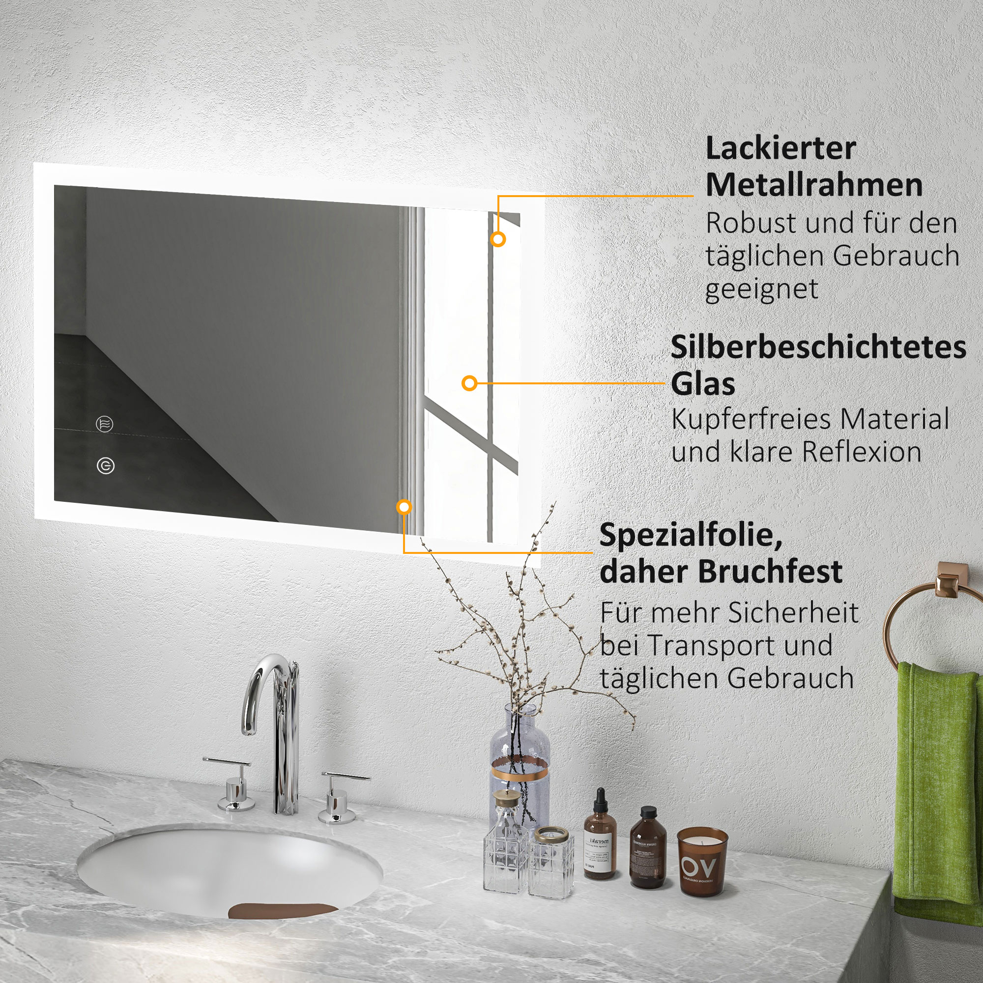 LED Badezimmerspiegel, Hintergrundbeleuchtung, Touch-Funktion, Memory-Funktion, kein Beschlagen, 70 x 50 cm