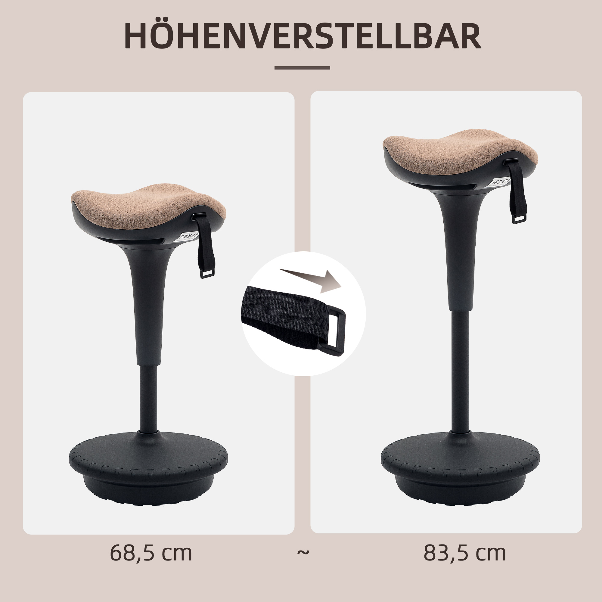 Balancehocker, beweglicher Sitz, drehbarer Bürohocker, höhenverstellbar, ergonomisch, 34 x 34 x 68,5-83,5 cm, Braun
