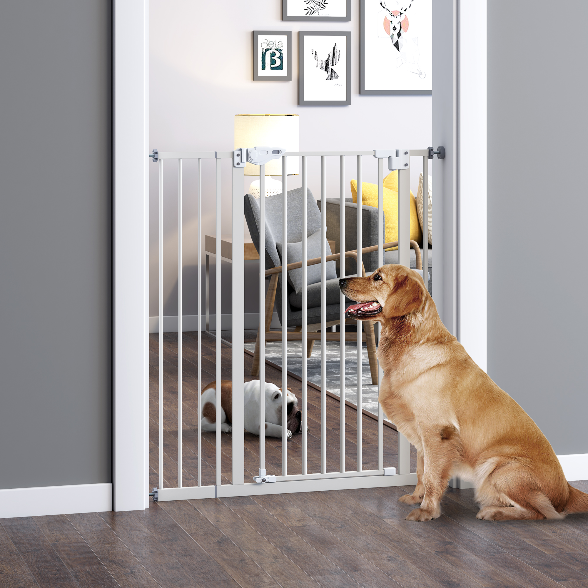 Absperrgitter für Hunde, extra hoch, Schließautomatik, Metallrahmen, 97,5 x 104,1 cm, Weiß