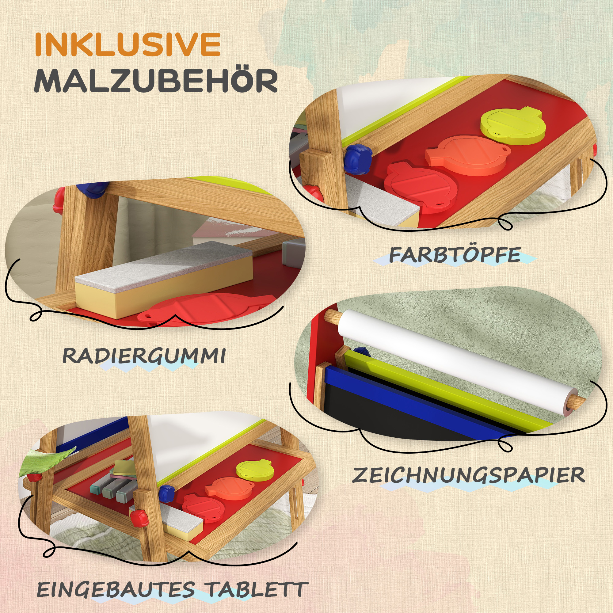 3-in-1 Kindermalstaffelei, Kreidetafel, Whiteboard, Papierrolle, inklusive Zubehör, Kiefernholz, verstellbar