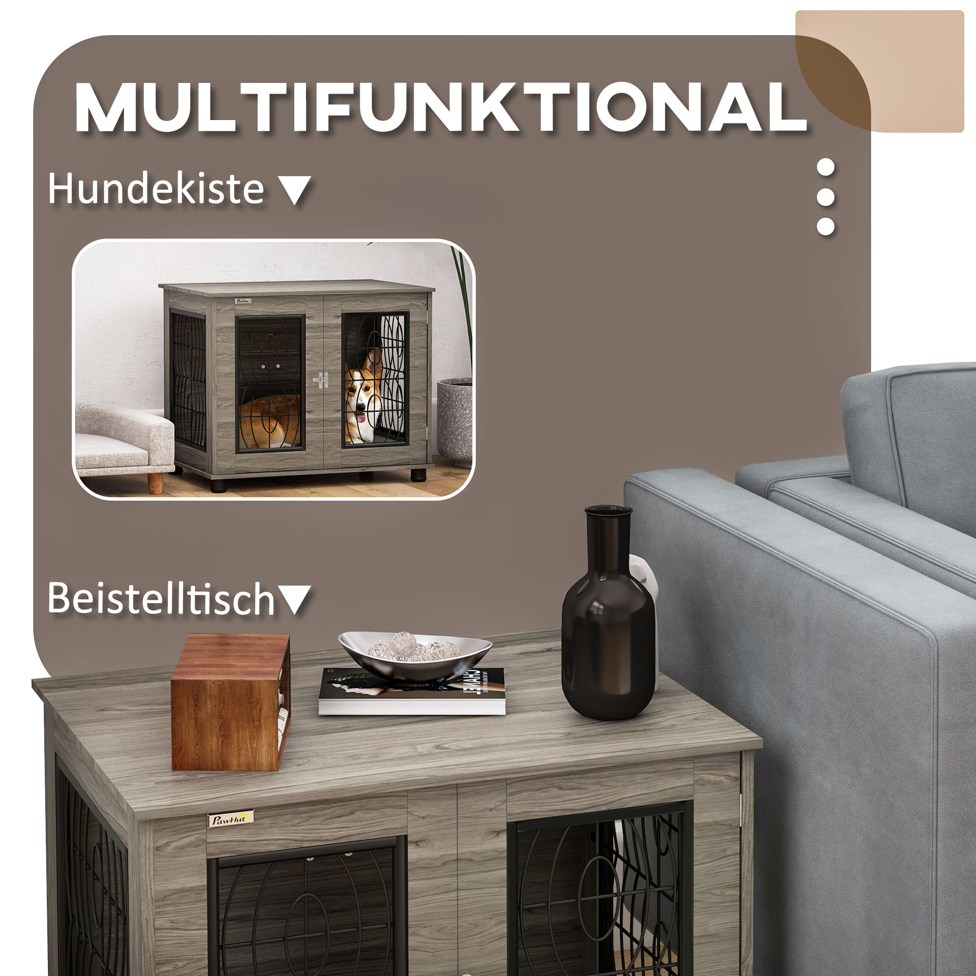 Hundebox mit Liegekissen, bis 20kg/50cm Körperlänge, Metall, 80x56x63cm, Grau/Holzdekor