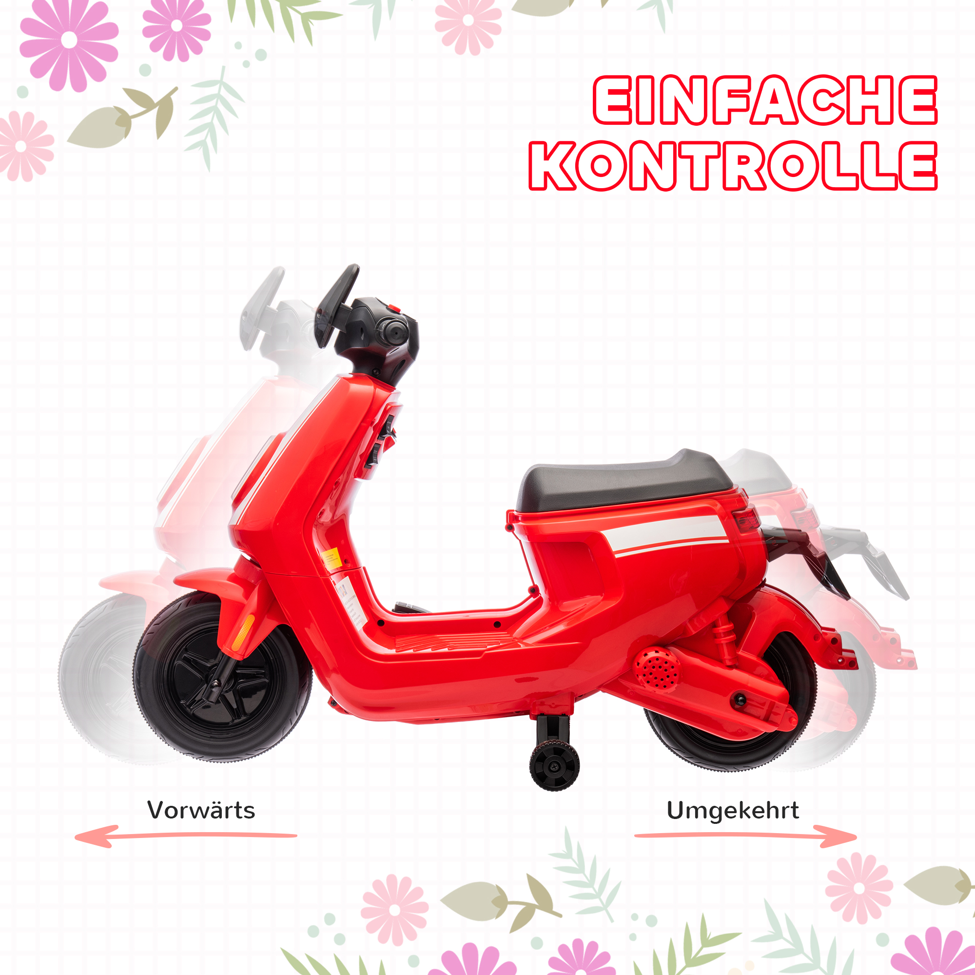 6V Elektro-Motorrad für Kinder, mit Scheinwerfer und Musik, Vor- und Rückwärtsgang, Trainingsräder, 18-36 Monate, Rot