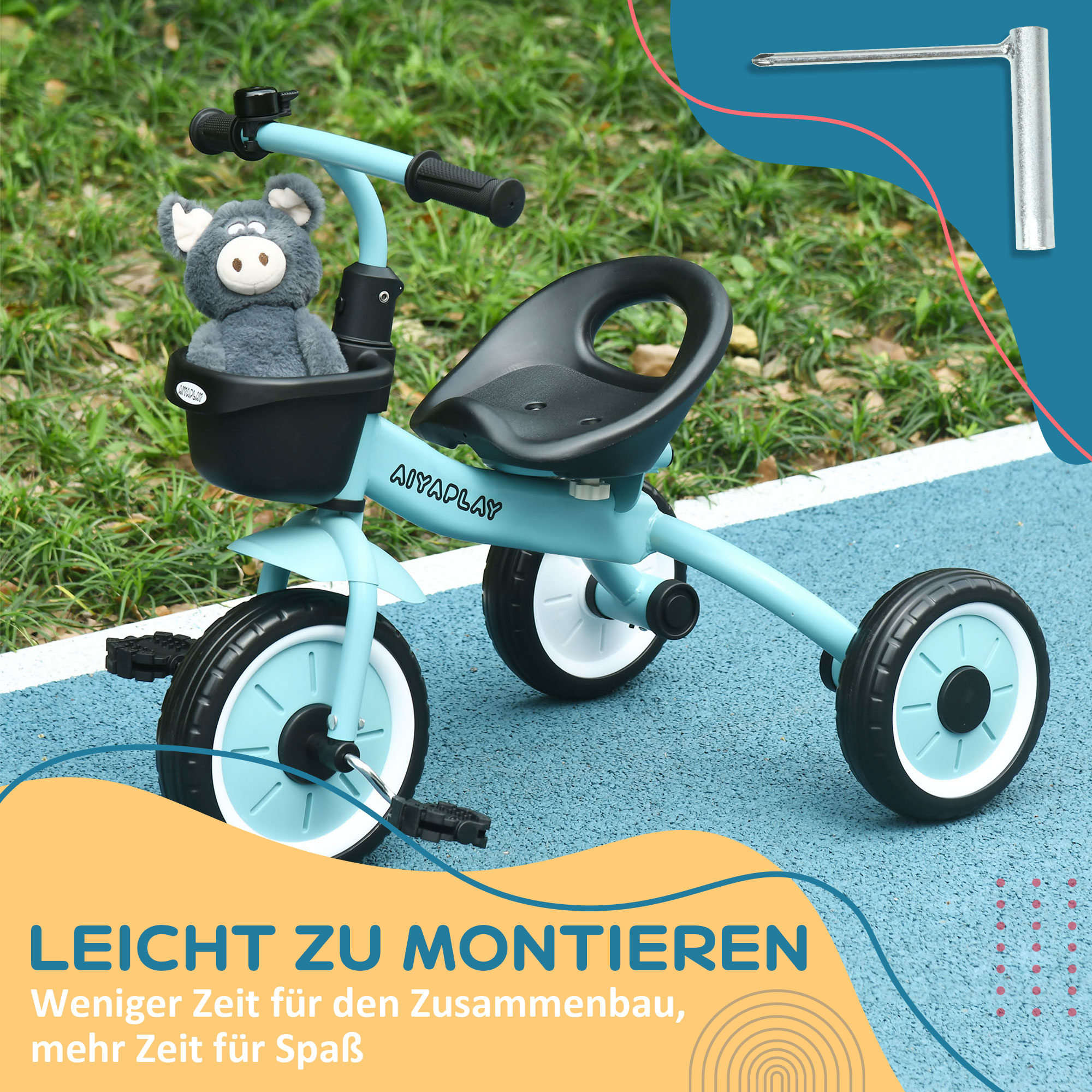Dreirad für Kinder 2-5 Jahre, höhenverstellbarer Sitz, Klingel, Fahrradkorb, Metallrahmen, blau