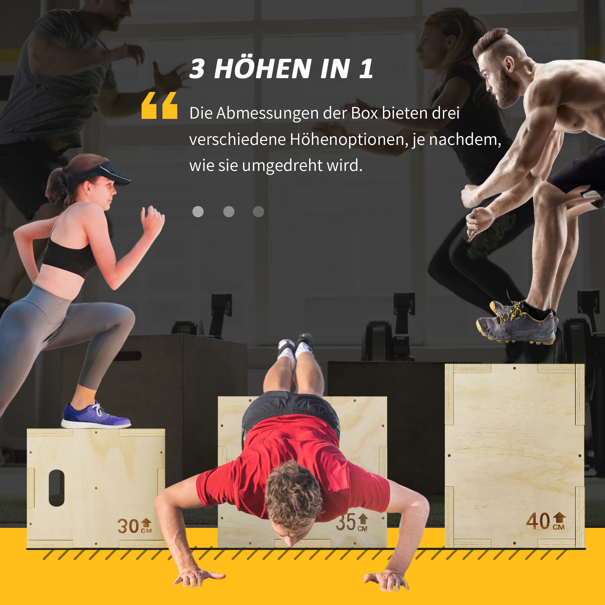 3-in-1 Plyo Box Holz Plyometrische Sprungbox mit 3 Sprunghöhen Griffen 40,5 x 35,5 x 30,5cm Naturholz
