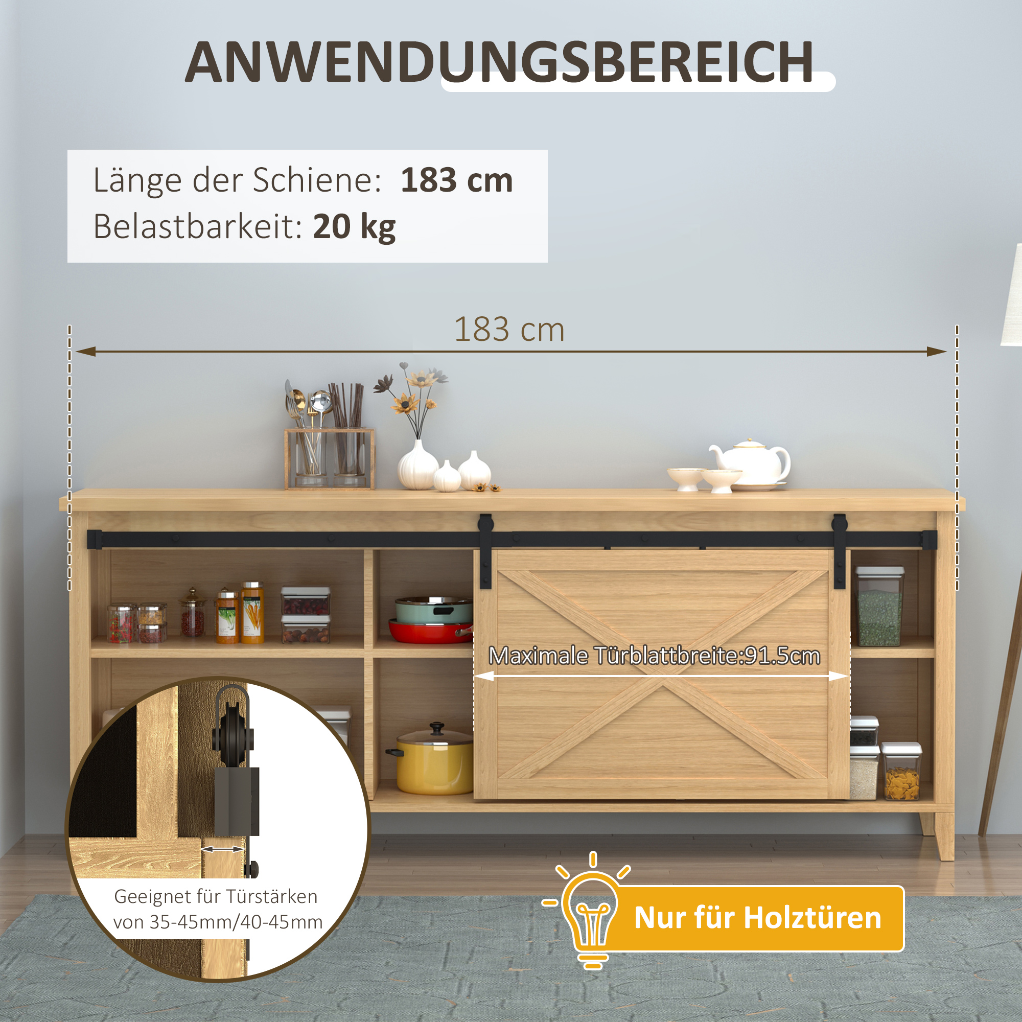 183 cm Schiebetür Komplettset Schiebetürbeschlag mit Bodenführung, Schiebetür Laufschiene, Laufrollen Schiebetürsystem für Einzelholzschiebetür