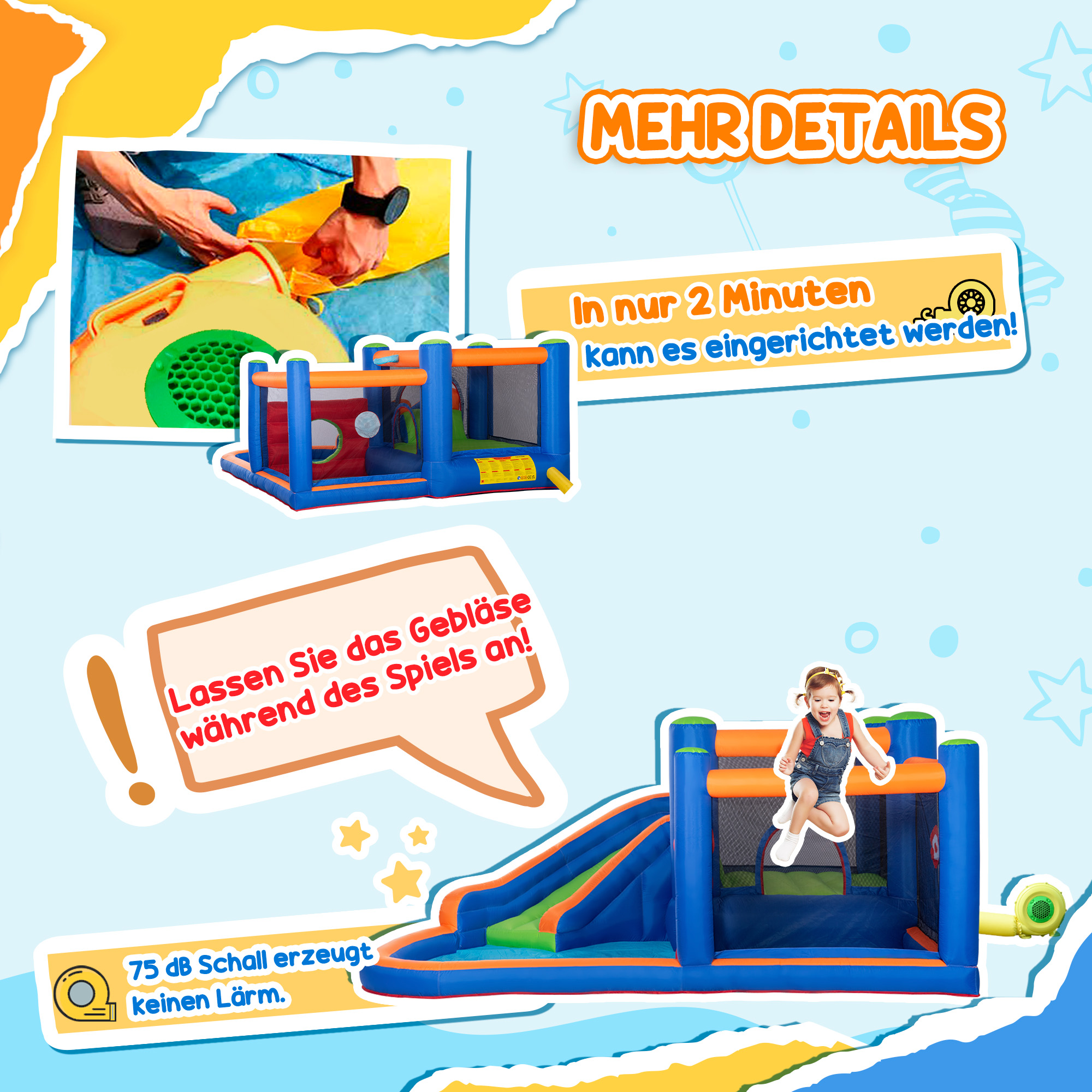Hüpfburg, mit Rusche, Hüpfbereich, Pool, aufblasbar, inkl. Elektropumpe, für bis 3 Kinder, 380 x 340 x 170 cm