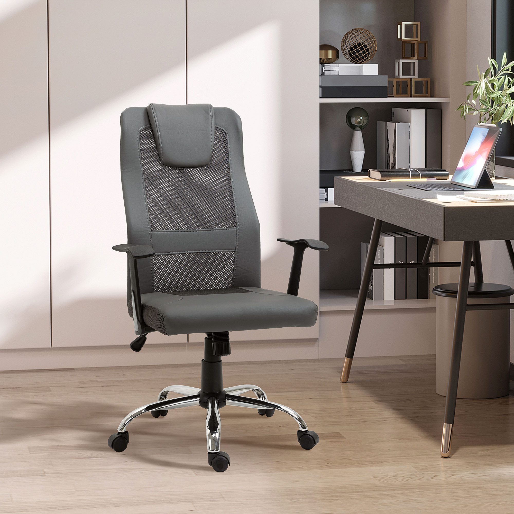 Bürostuhl Drehstuhl höhenverstellbar Chefsessel Schreibtischstuhl ergonomisch Kunstleder Grau 66 x 73 x 108-118 cm