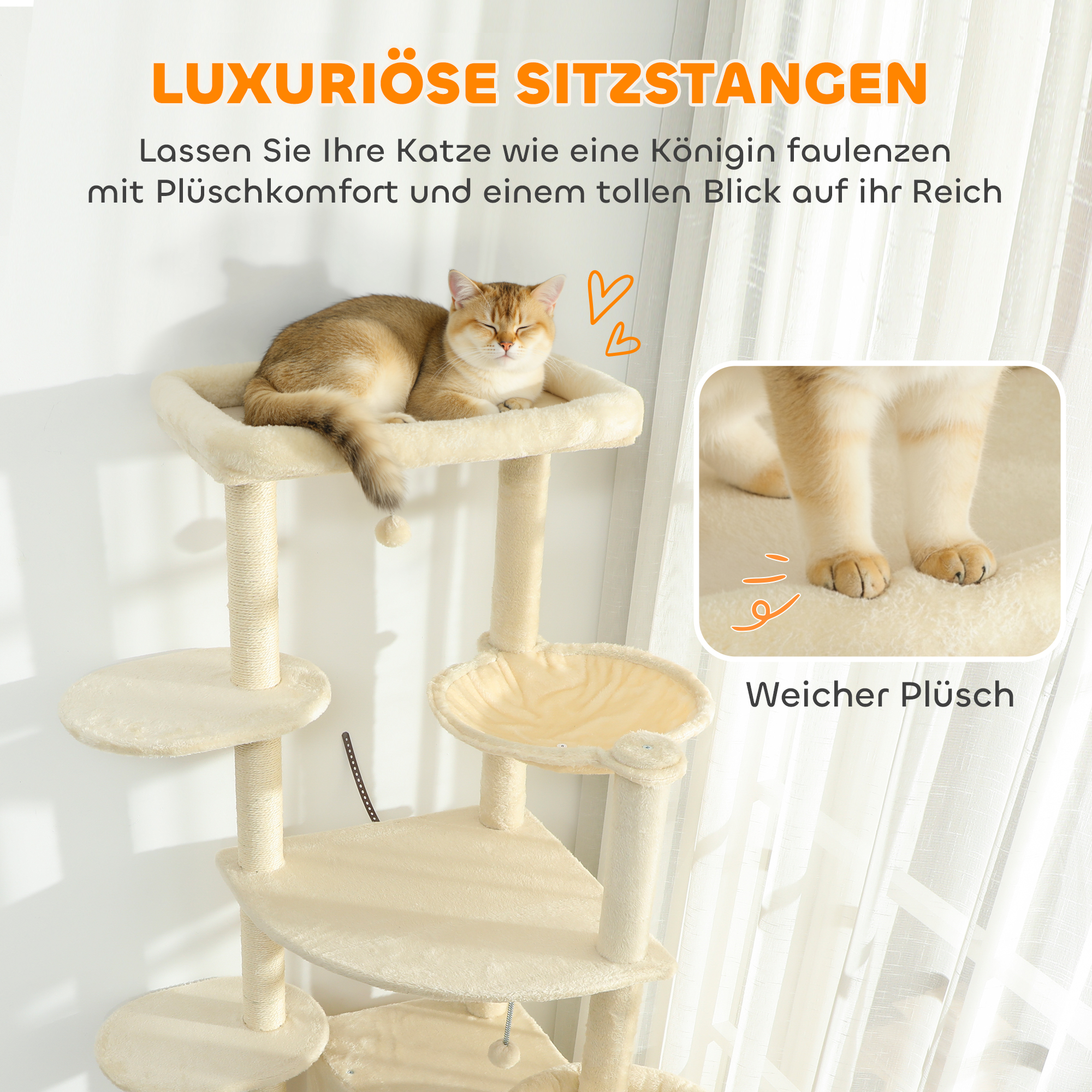 2 Meter hoher Kratzbaum für 2-3 Katzen, Kratzpfosten, Höhlen, Hängematte, Verstecke, mehrstöckiges Design, Sisal, Holz, Plüsch, Beige