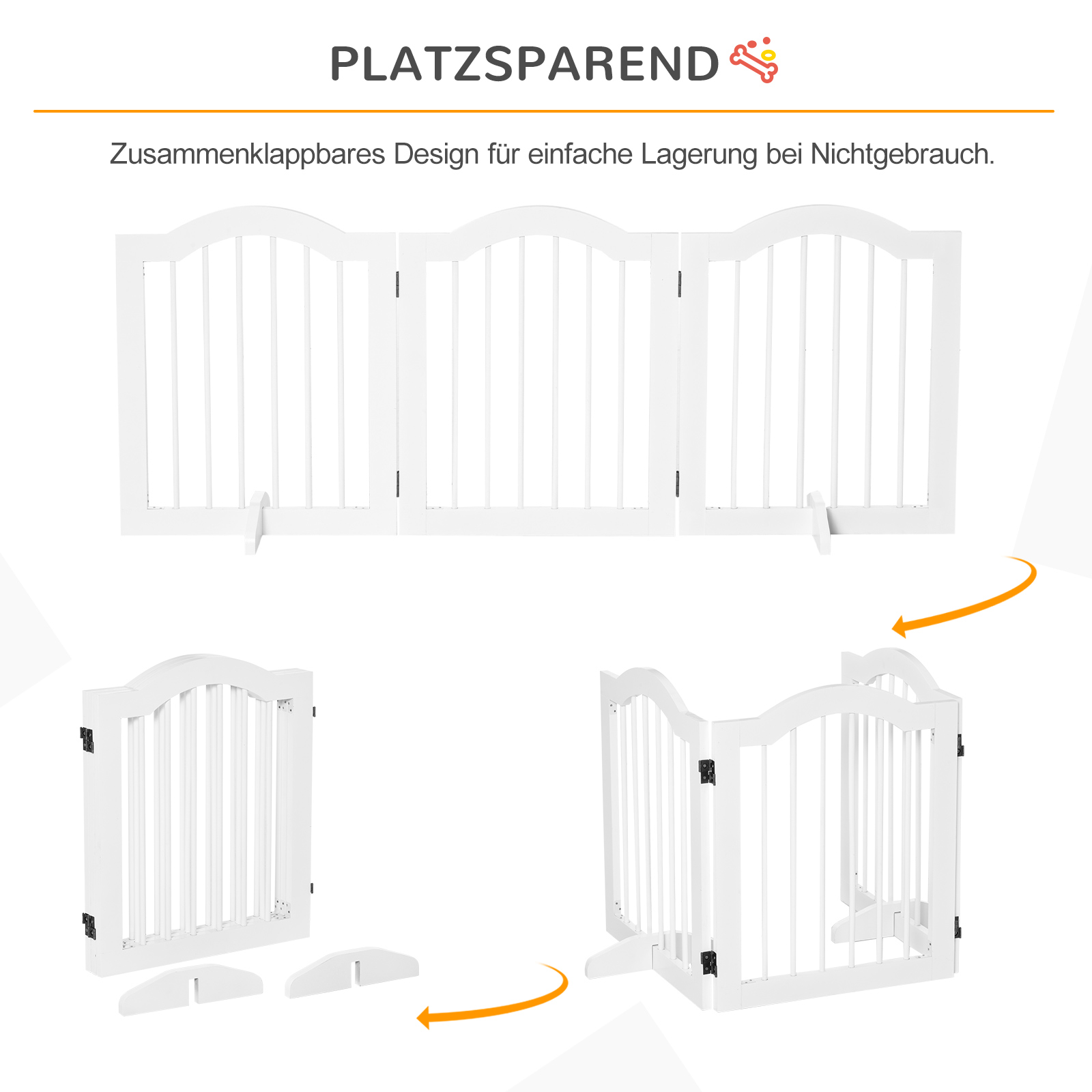Absperrgitter Hund 3-teilig, 154,5 x 61 cm Faltbar Hundegitter mit Tür, Türschutzgitter mit 2 Stützfüßen, Freistehend Treppengitter für Küche, Flur, Weiß