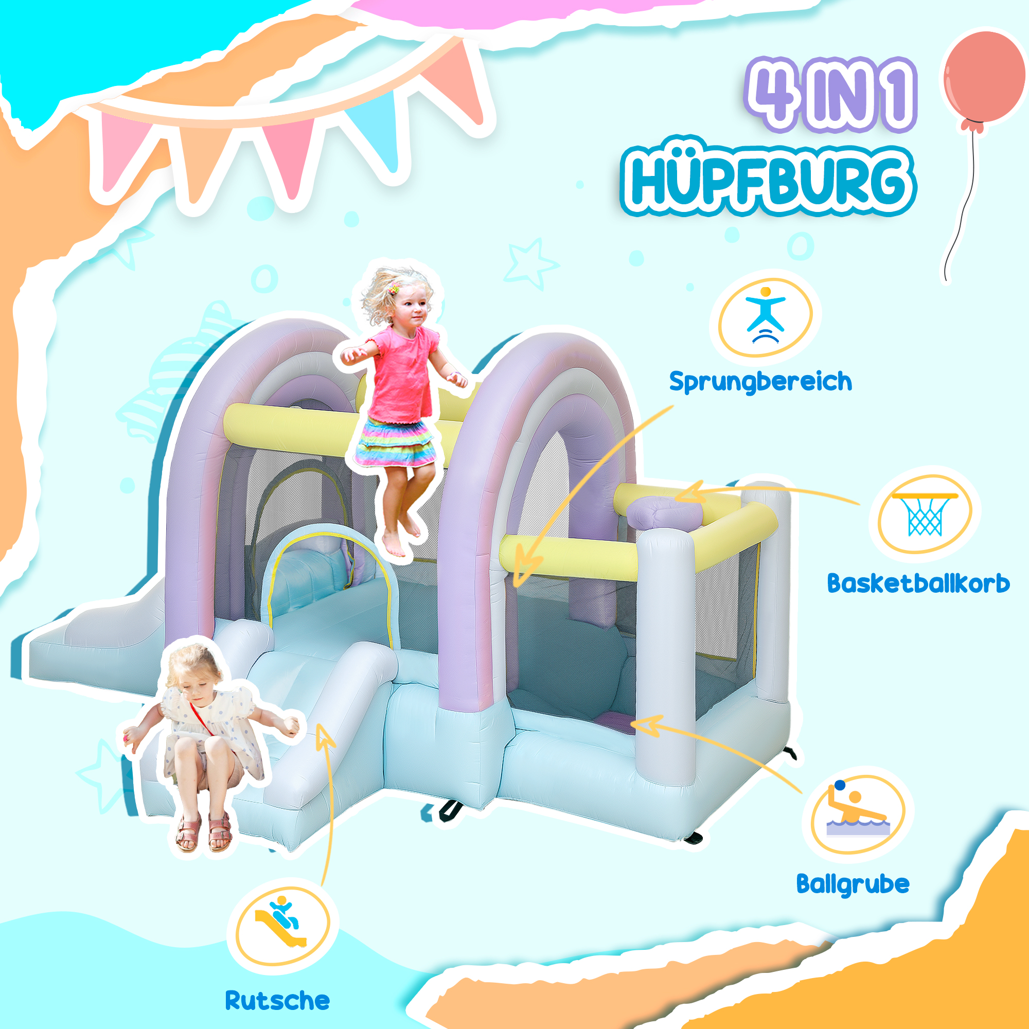 Hüpfburg, Bällebad, 2 Rutschen, Oxford-Gewebe, UV-beständig, Gebläse, Bunt