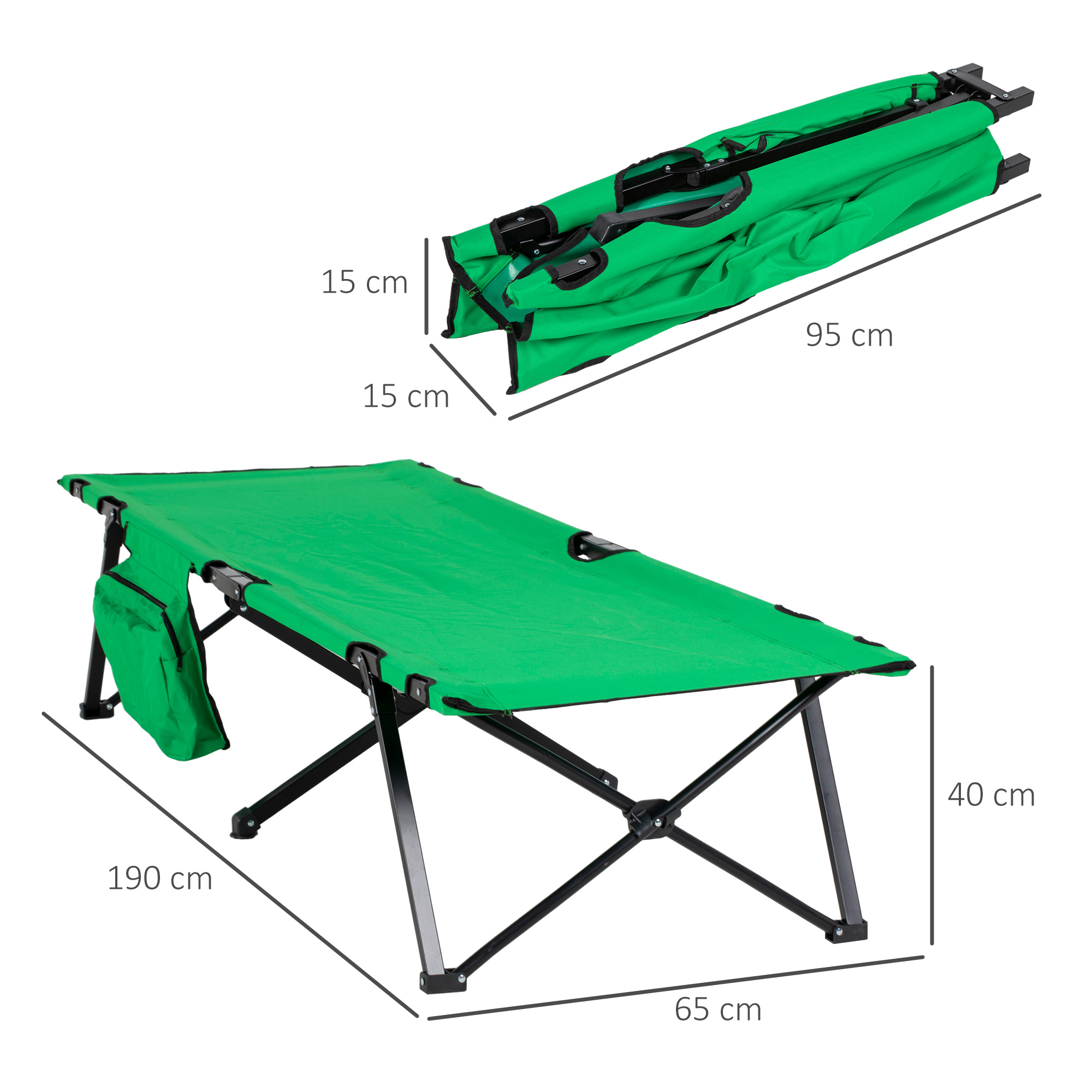 Campingbett Feldbett Klappbett klappbar mit Seitentasche Getränkehalter bis 136 kg belastbar Stahl Oxford Grün+Schwarz 190 x 65 x 40 cm