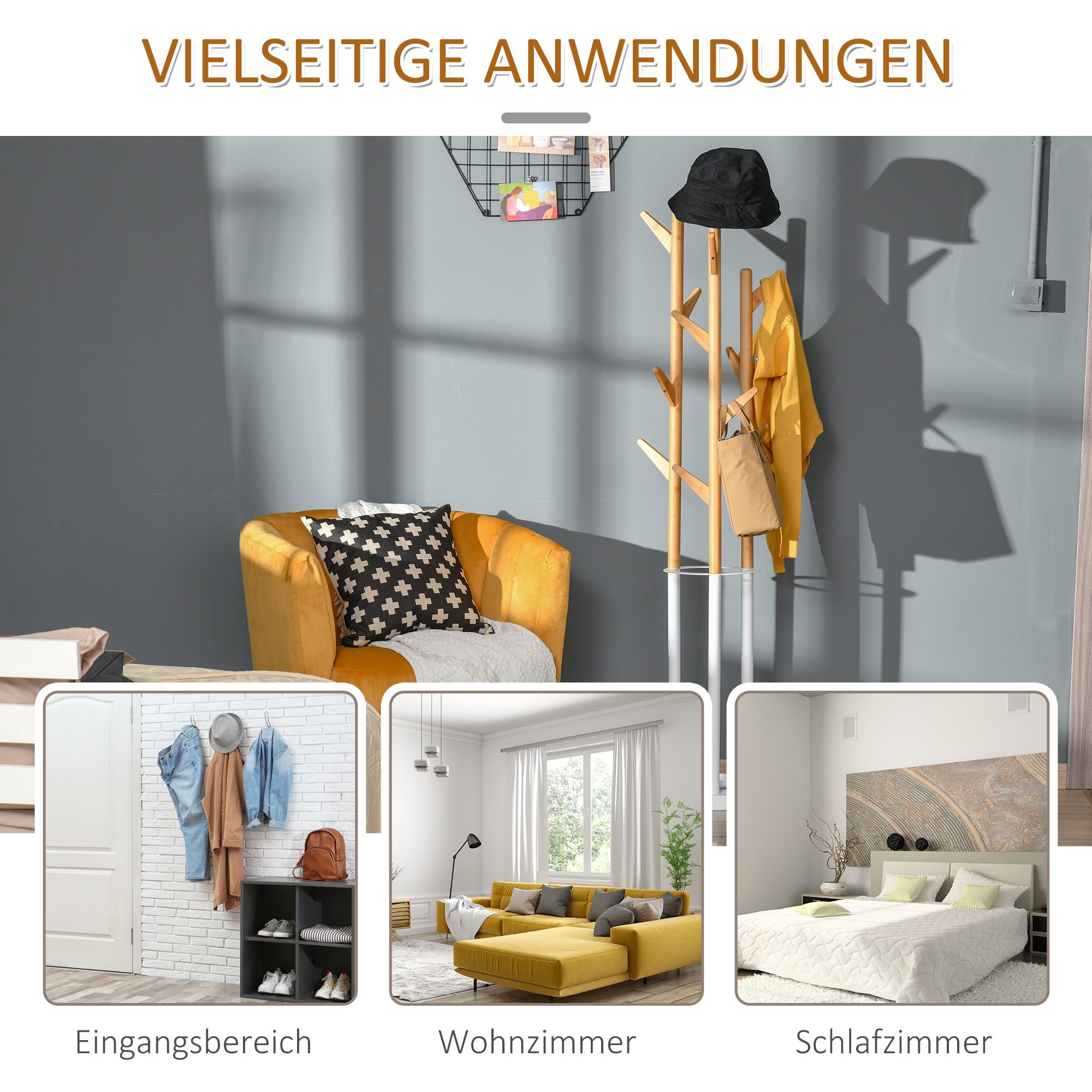 Garderobenständer, Kleiderständer mit 12 Haken und Schirmständer, Garderobe in Baumform, moderner Jackenständer für Kleidung, Hut, Tasche, für Wohnzimmer, Schlafzimmer, Bambus, Natur+Weiß