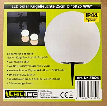 LED Solar Kugelleuchte 25cm Ø "SK25 W", IP44, Warmweiß / 3000K