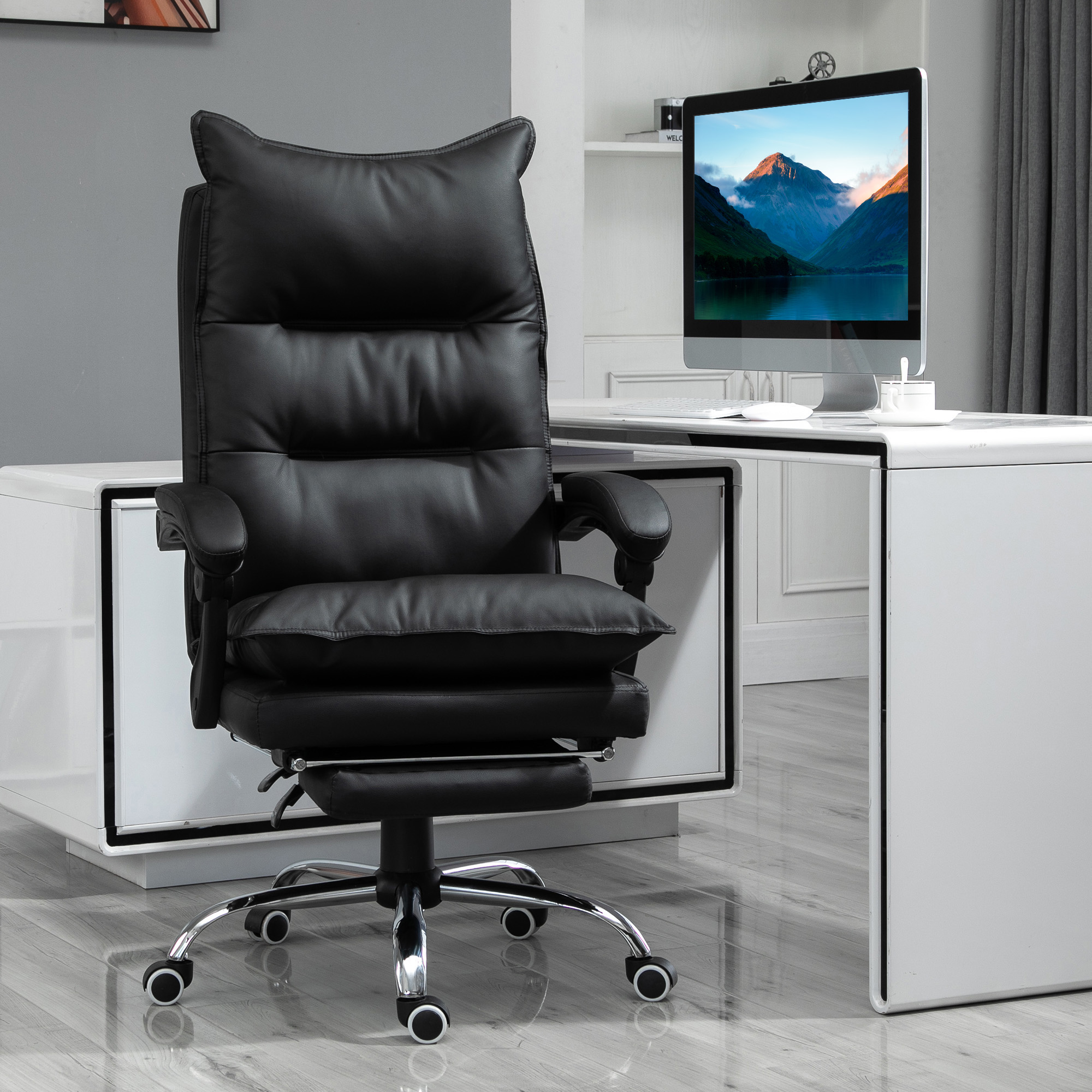 Bürostuhl Ergonomischer Schreibtischstuhl mit Armlehne, Fußstütze, Höhenverstellbarer Drehstuhl aus Kunstleder, Gepolstert Computerstuhl, Schwarz