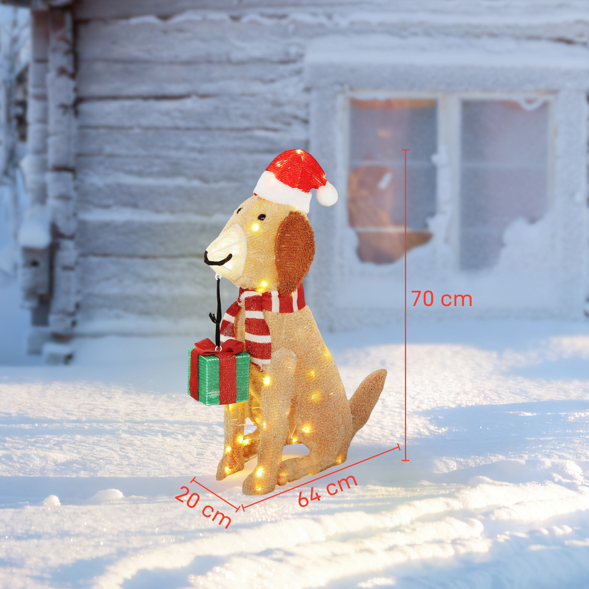 Weihnachtsdekoration, Beleuchteter Weihnachtswelpe mit 74 warmweißen LED-Lichtern, 64 x 20 x 70 cm, Gelb