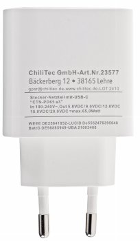 Stecker-Netzteil mit USB-C "CTN-PD65 a3", In 100-240V~, Out 5,0V/9,0V/12,0V=, 65W