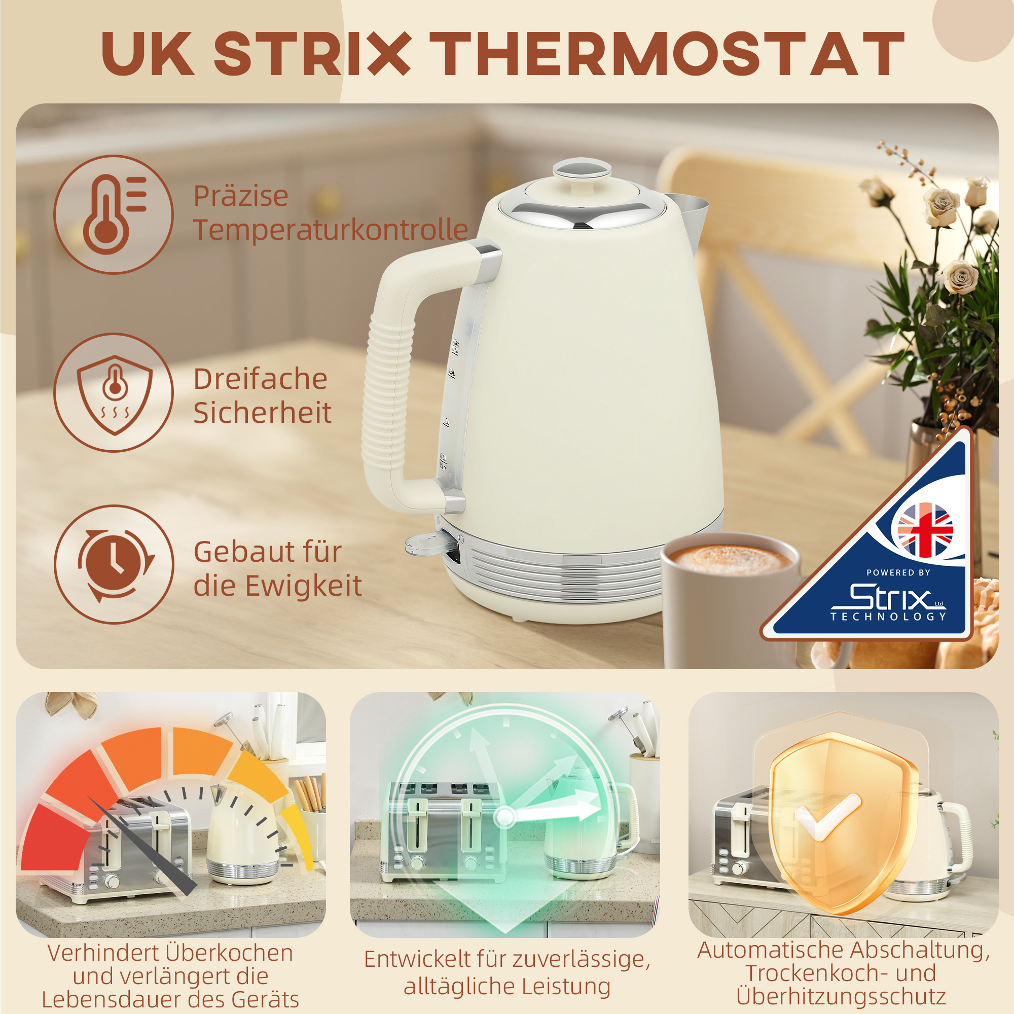 Wasserkocher- und Toaster-Set, 1,7 L, 2200W, Strix Thermostat, Filter, 4-Schlitz-Toaster, 7 Bräunungsstufen, Krümelfach