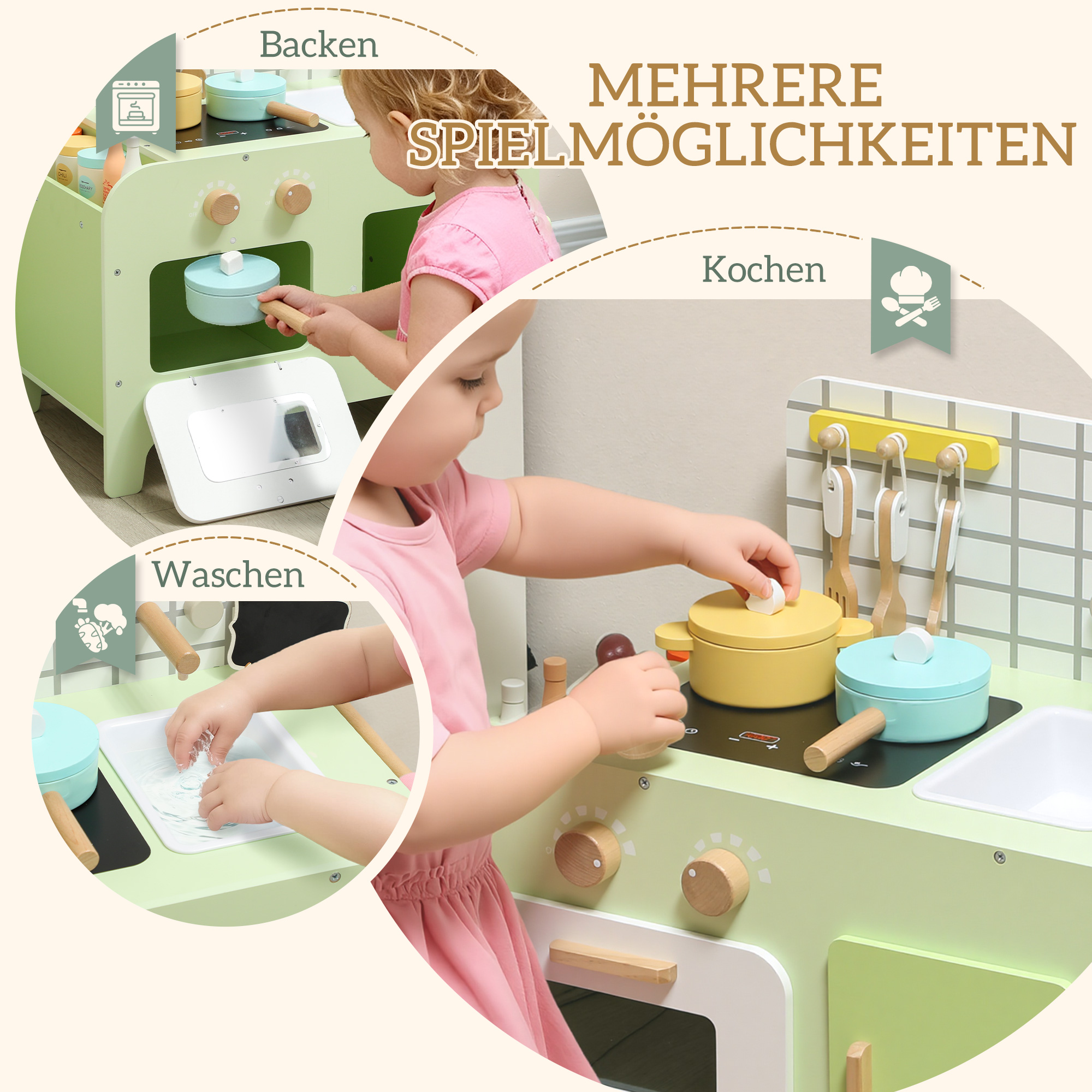 Kinderküchen-Spielset, MDF, 15 Zubehörteile, Schränke, 40 cm, ab 3 Jahren, Grün