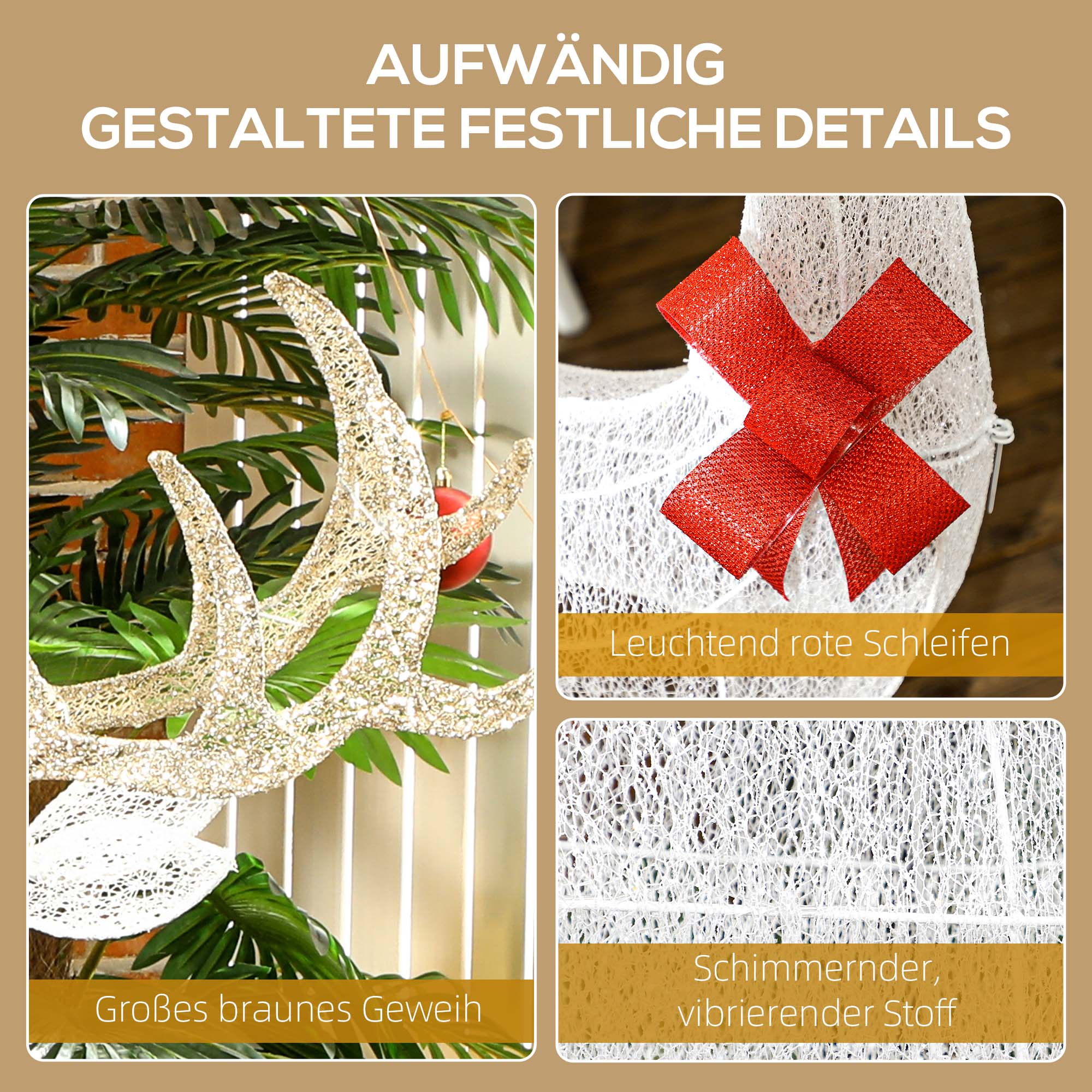 Rentierfamilie mit roten Schleifen, 283 LEDs, Weihnachtsbeleuchtung, wetterfest, Silber