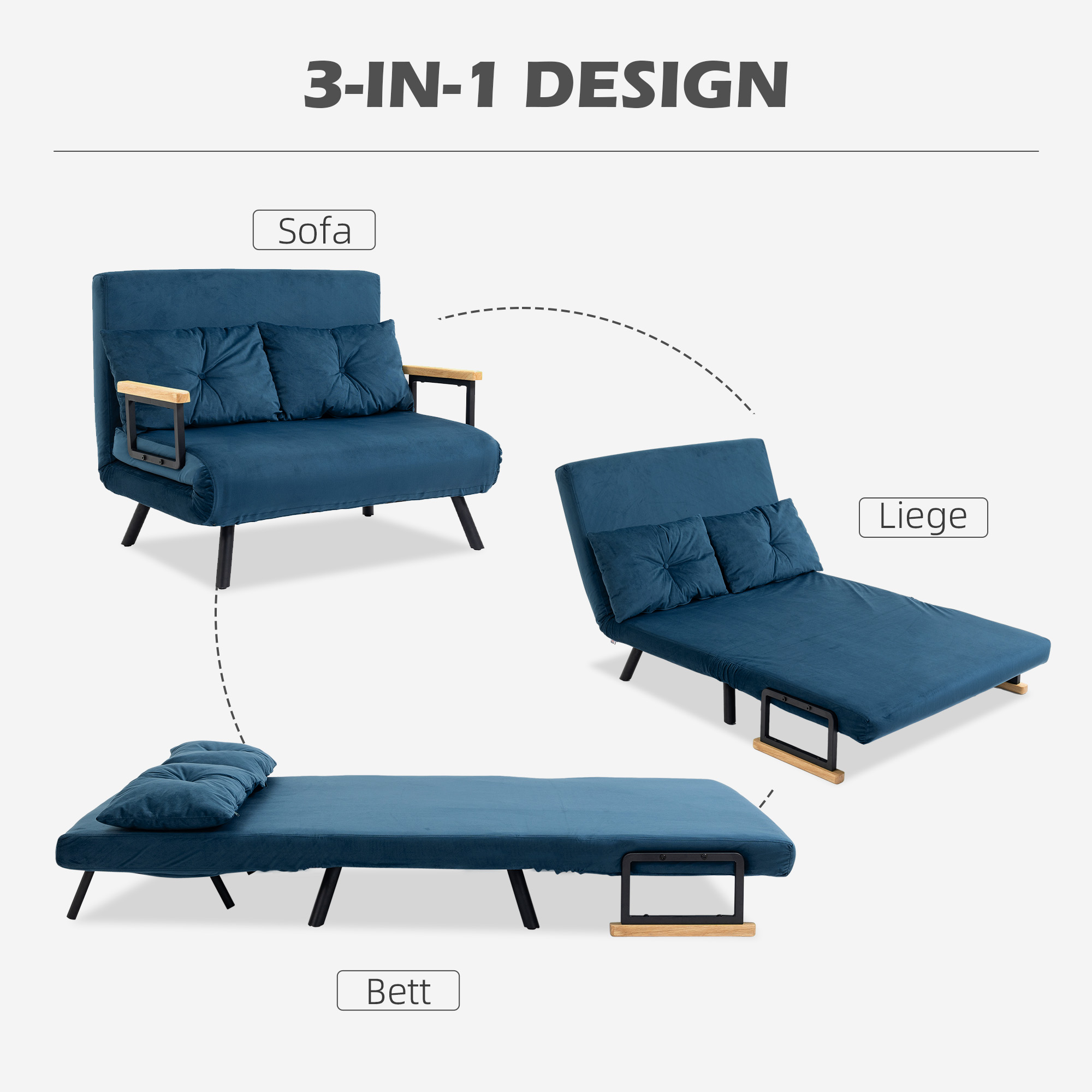Schlafsofa 2er-Sofa Samtsofa, Schlaffunktion, inkl. 2 Kissen, Samtoptik, Natur + Blau