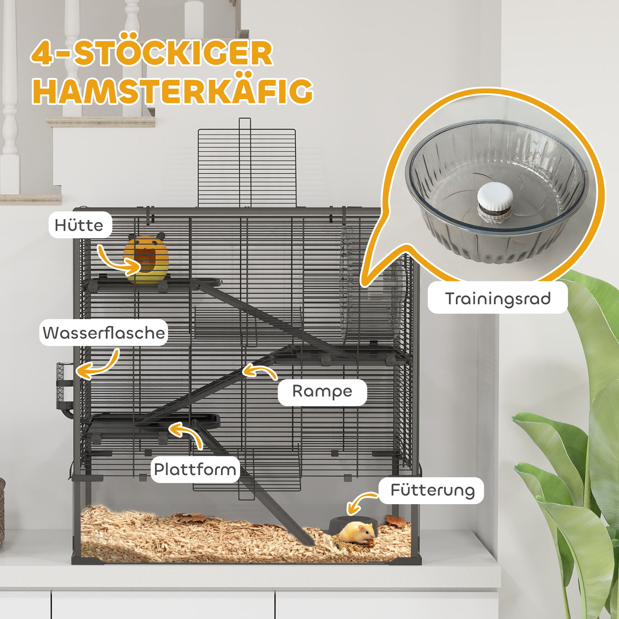 Hamsterkäfig mit Glasboden, 4-stufiges Hamstergehege mit Hütte und Zubehör, 78,5L x 48,5B x 80H cm, Schwarz