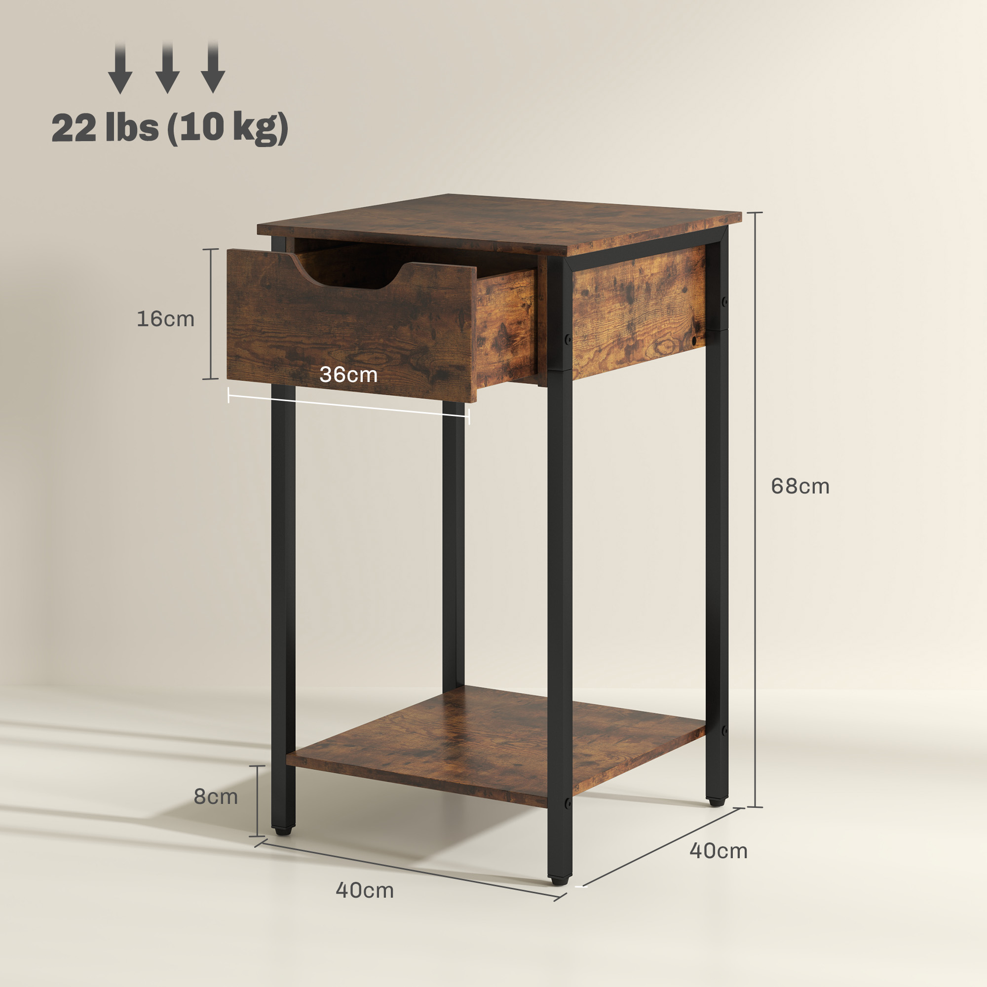 Beistelltisch im Industriestil, Schublade, Ablagefach, Metallrahmen, Holz, 40 x 40 x 68 cm, Braun