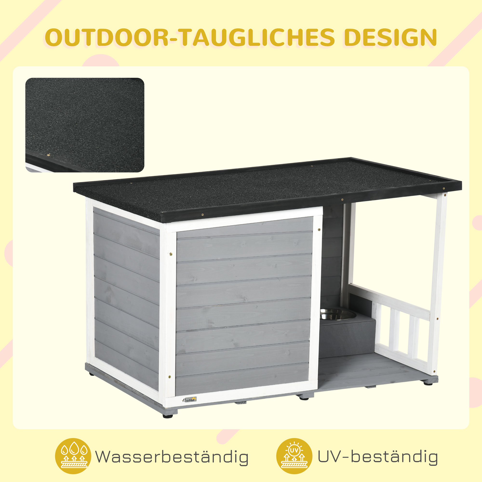 Hundehütte aus Massivholz, mit 2 Fressnäpfen, Veranda, wetterbeständig, 103 cm x 62 cm x 66 cm, Grau + Weiß