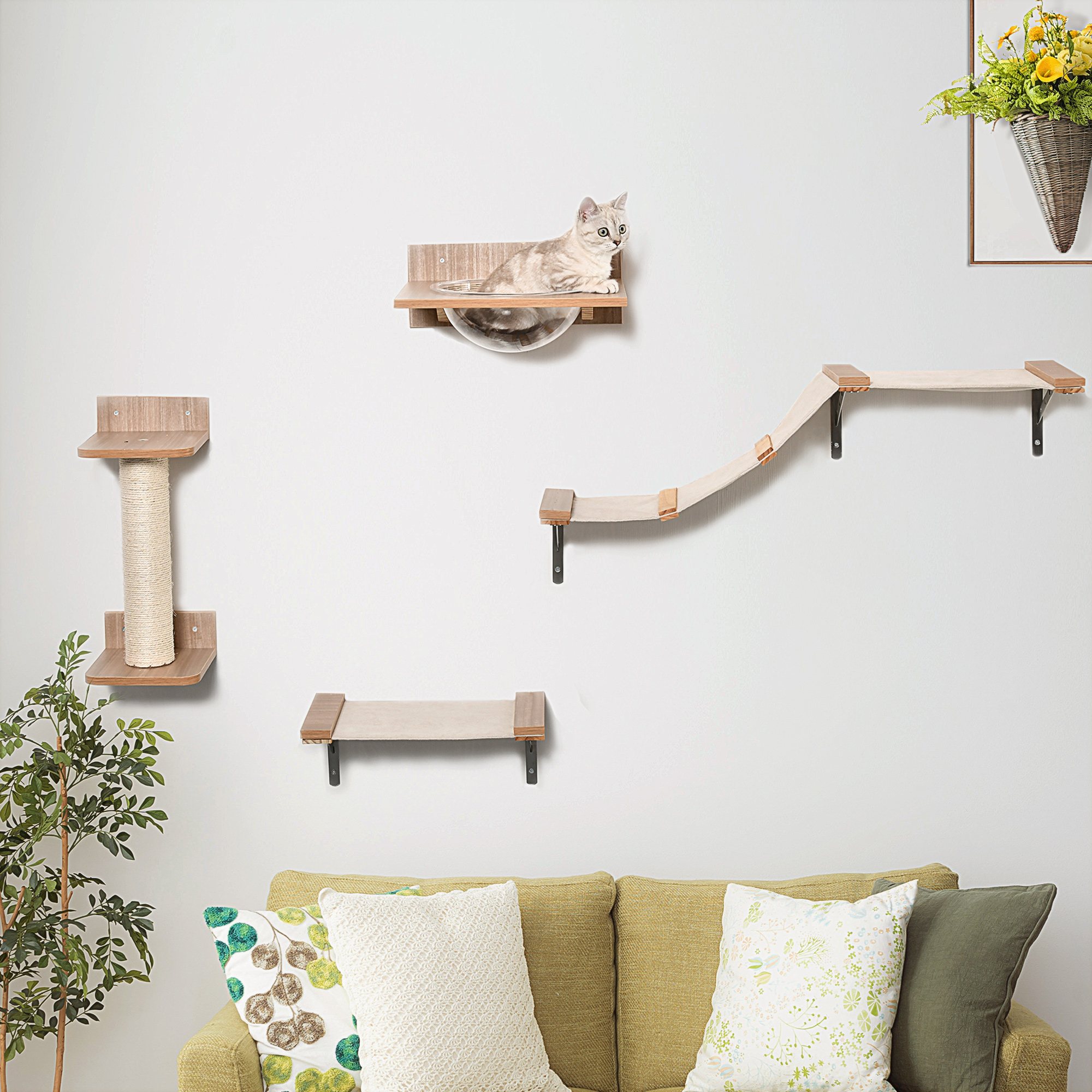 4tlg, Kletterwand für Katzen Katzenkletterwand mit Kratzbaum Katzentreppe Katzenmöbel Hängematte Hellbraun Sisal Acryl Kiefer