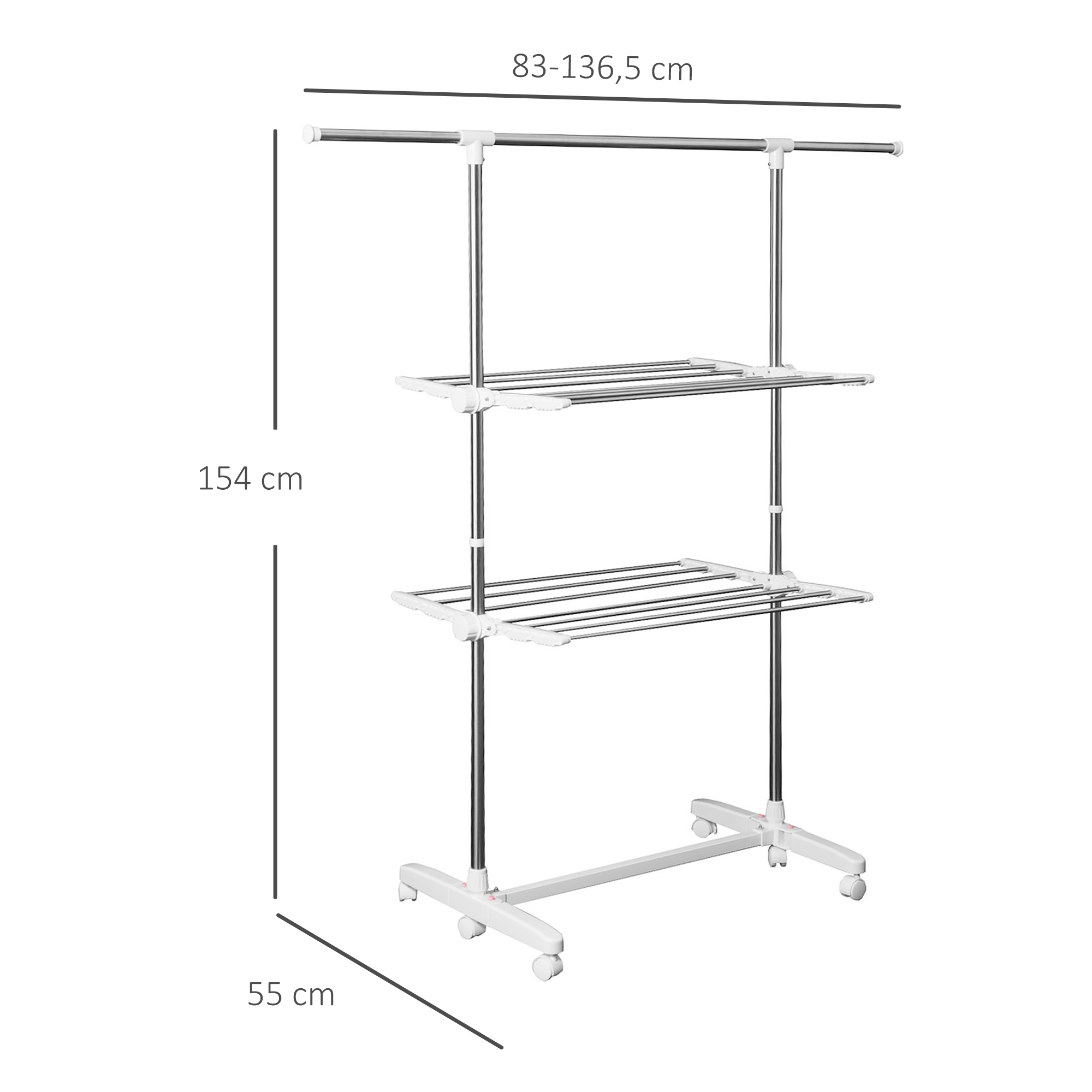 Turmwäscheständer ausziehbar Standtrockner mit 3 Ebenen, klappbare Flügel, Rollen, Wäschetrockner für Innen und Außen, Weiß, 83-136,5 x 45,5 x 154 cm