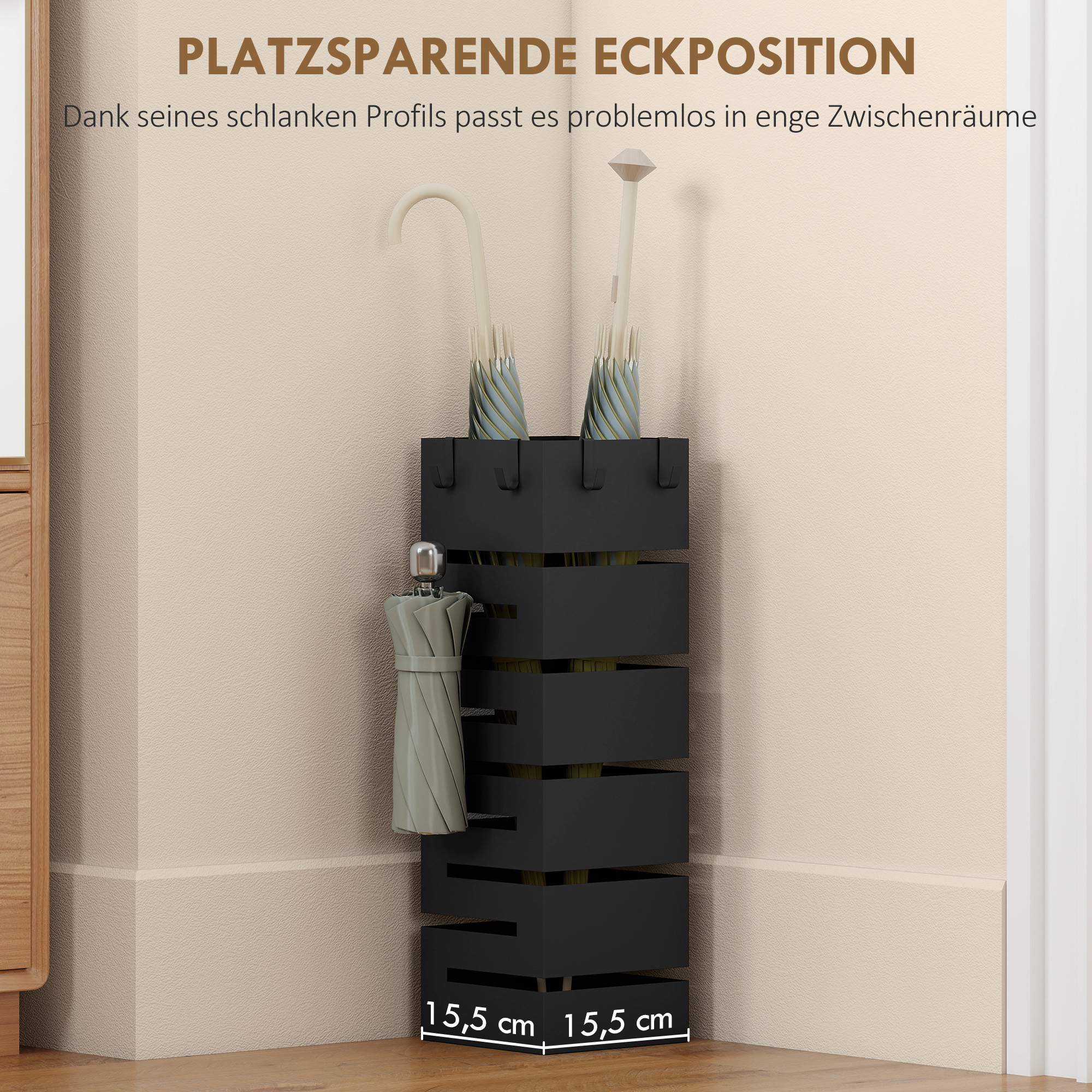 Regenschirmhalter, Metallständer für Schirme, Freistehender Schirmständer mit Haken und Tropfschale, Platz für 8 Schirme, Schwarz