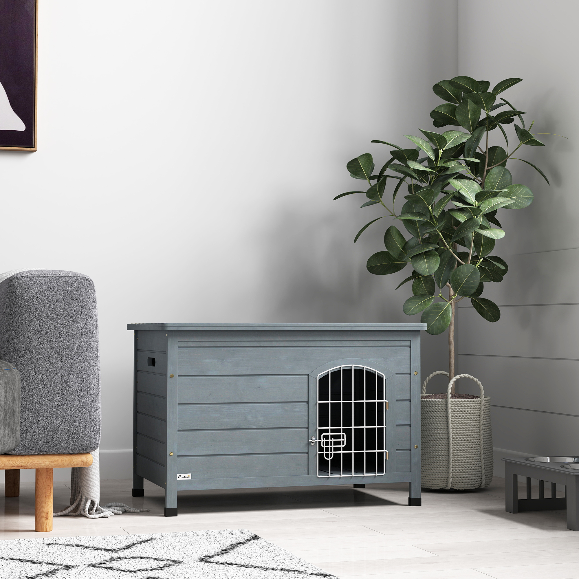 Hundehütte, Hundehaus mit Tür, Hundebox, Haustierhütte, Tannenholz, Dunkelgrau