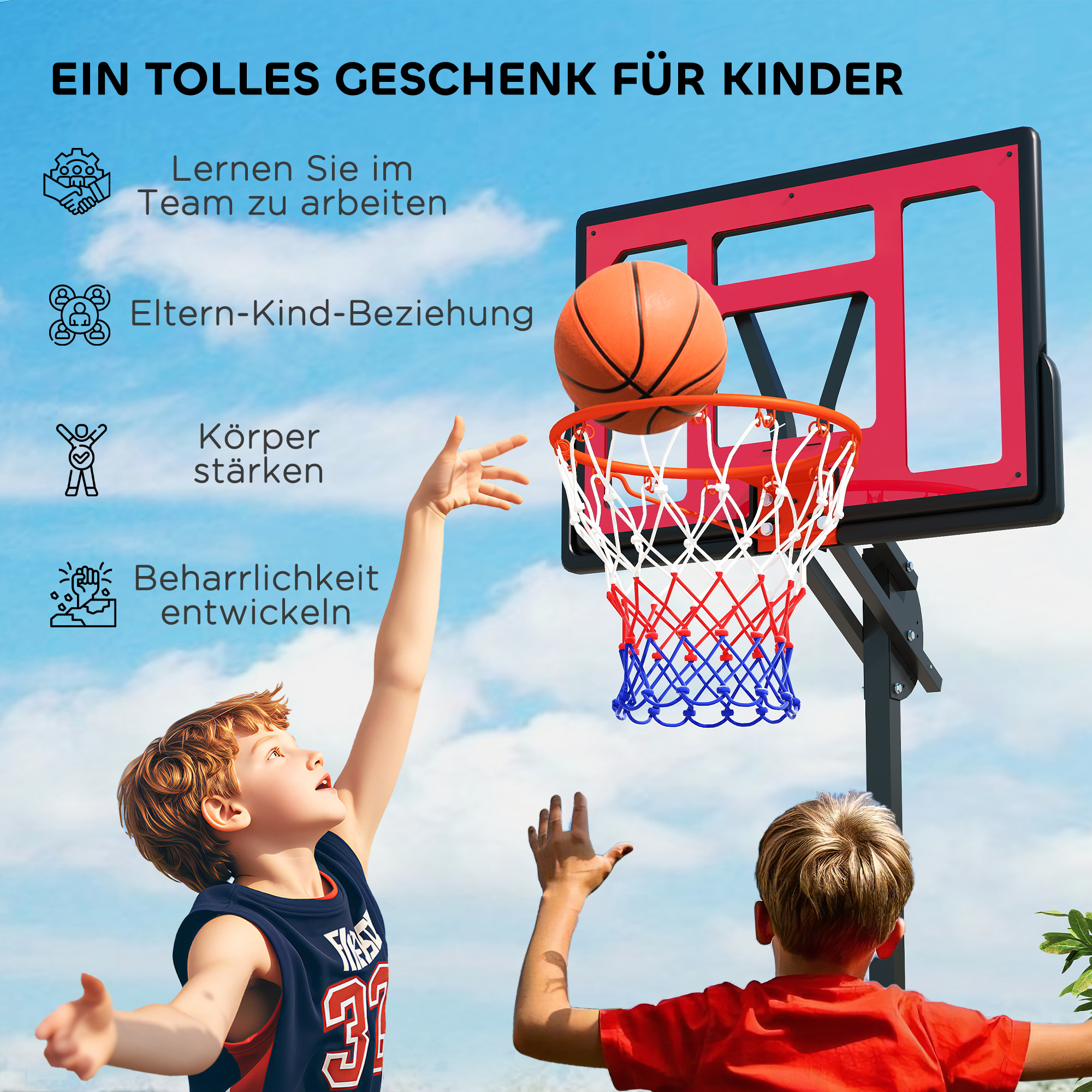 Basketballkorb, Outdoor-Basketballkorb für Jugendliche 200-260 cm höhenverstellbar, mit Rädern, Rot