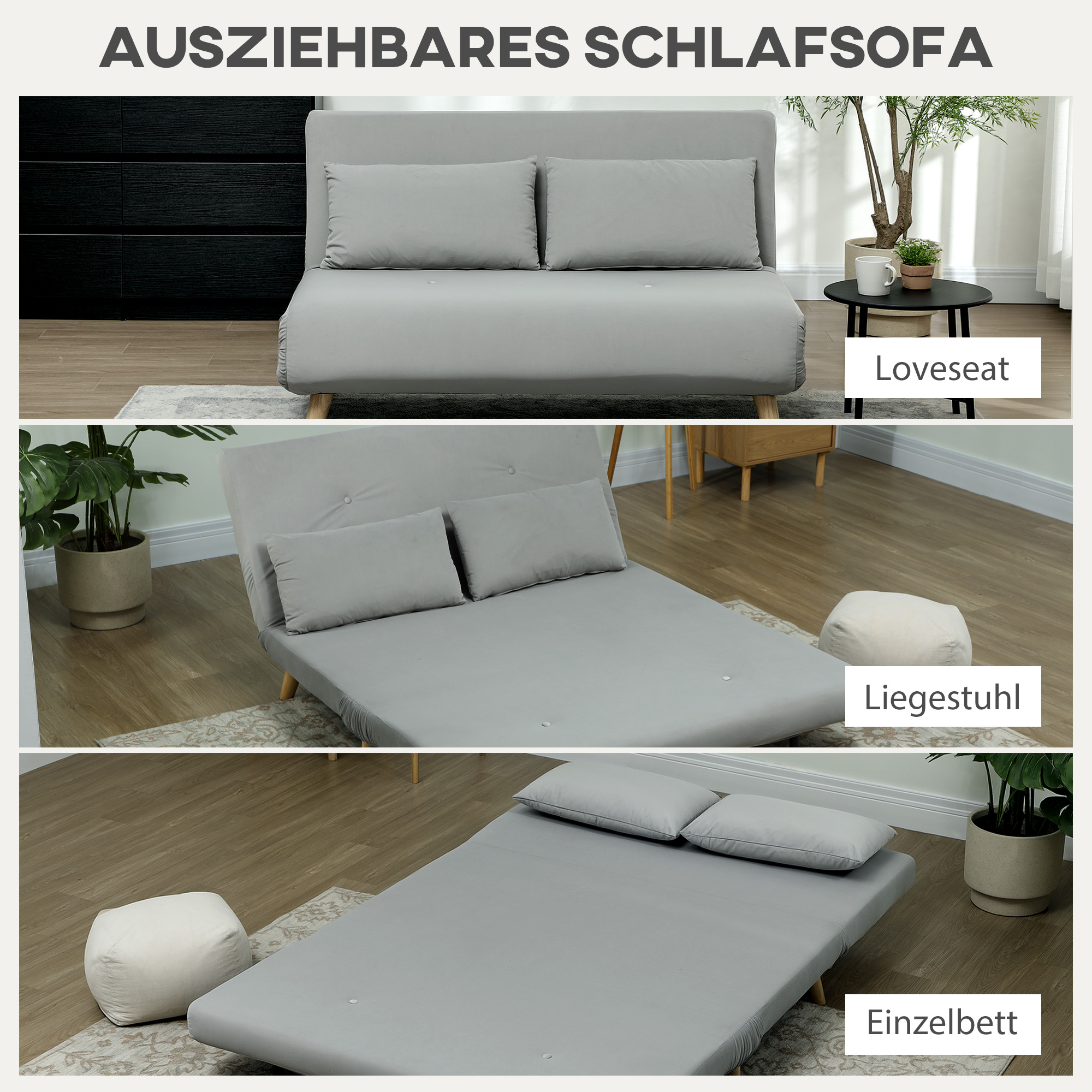 Schlafsofa Relaxsofa Sofa Couch, inkl, 2 Kissen, Samtoptik, 130 x 78 x 79 cm, Hellgrau