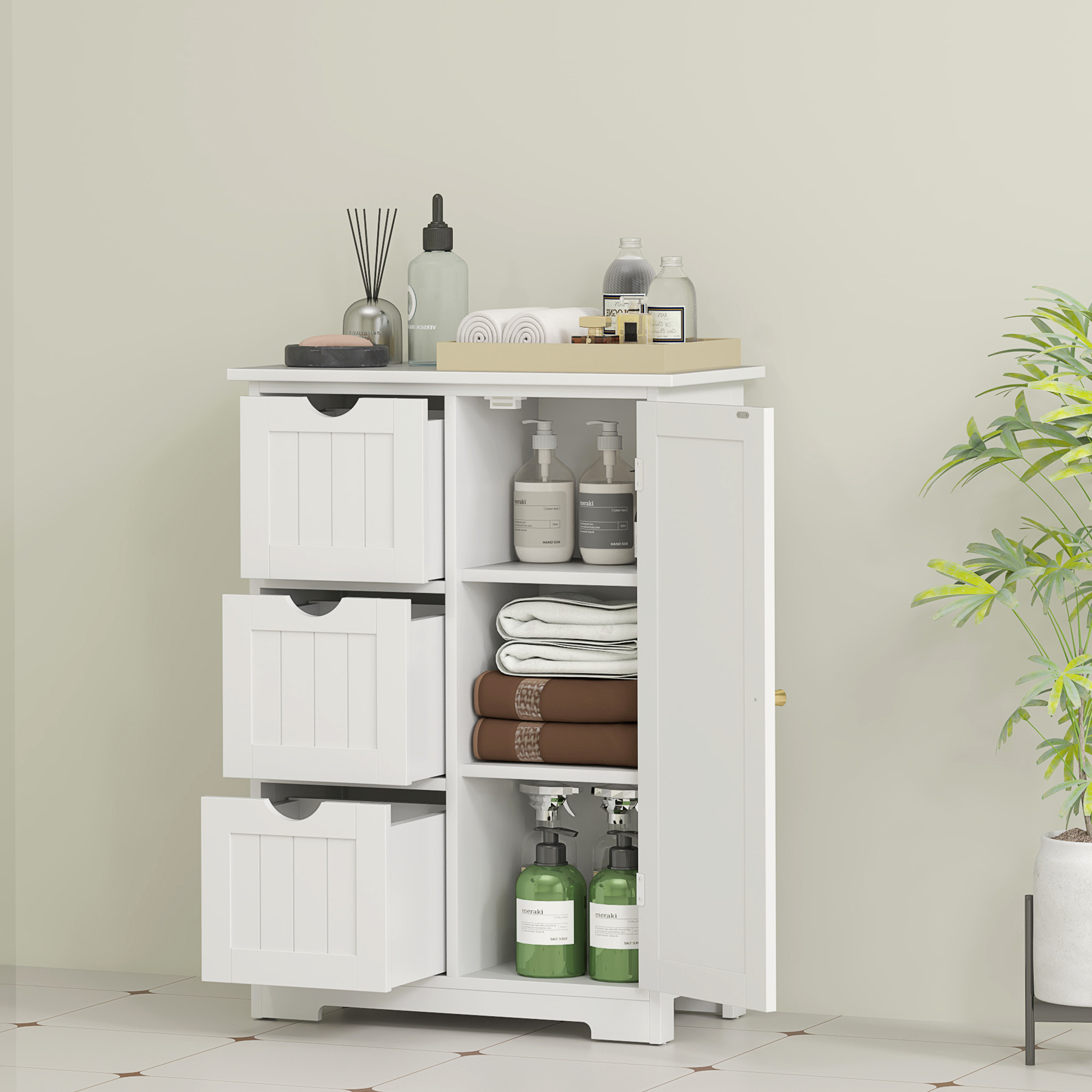 Badezimmerschrank, Badkommode, 3 Schubladen, Regal, MDF, Weiß