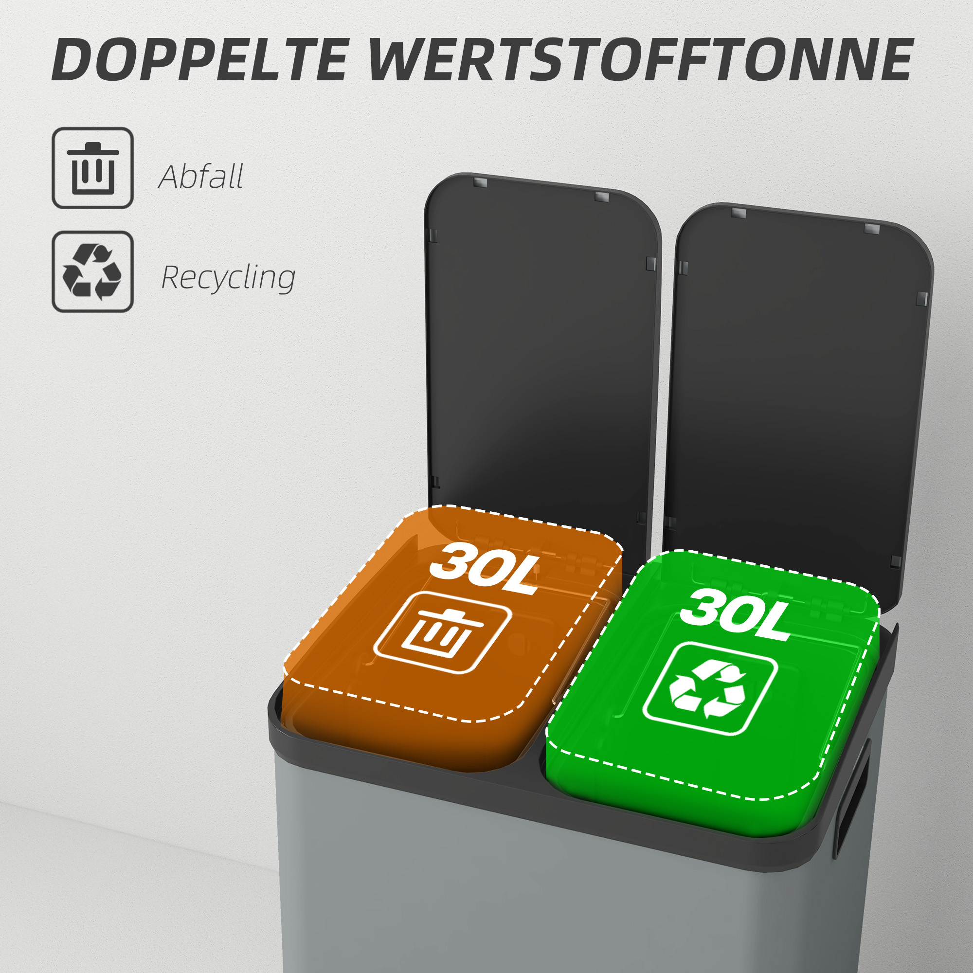 Doppelfach-Mülleimer, 2 x 30L, fingerabdruckresistent, Pedal, herausnehmbare Inneneimer, Grau