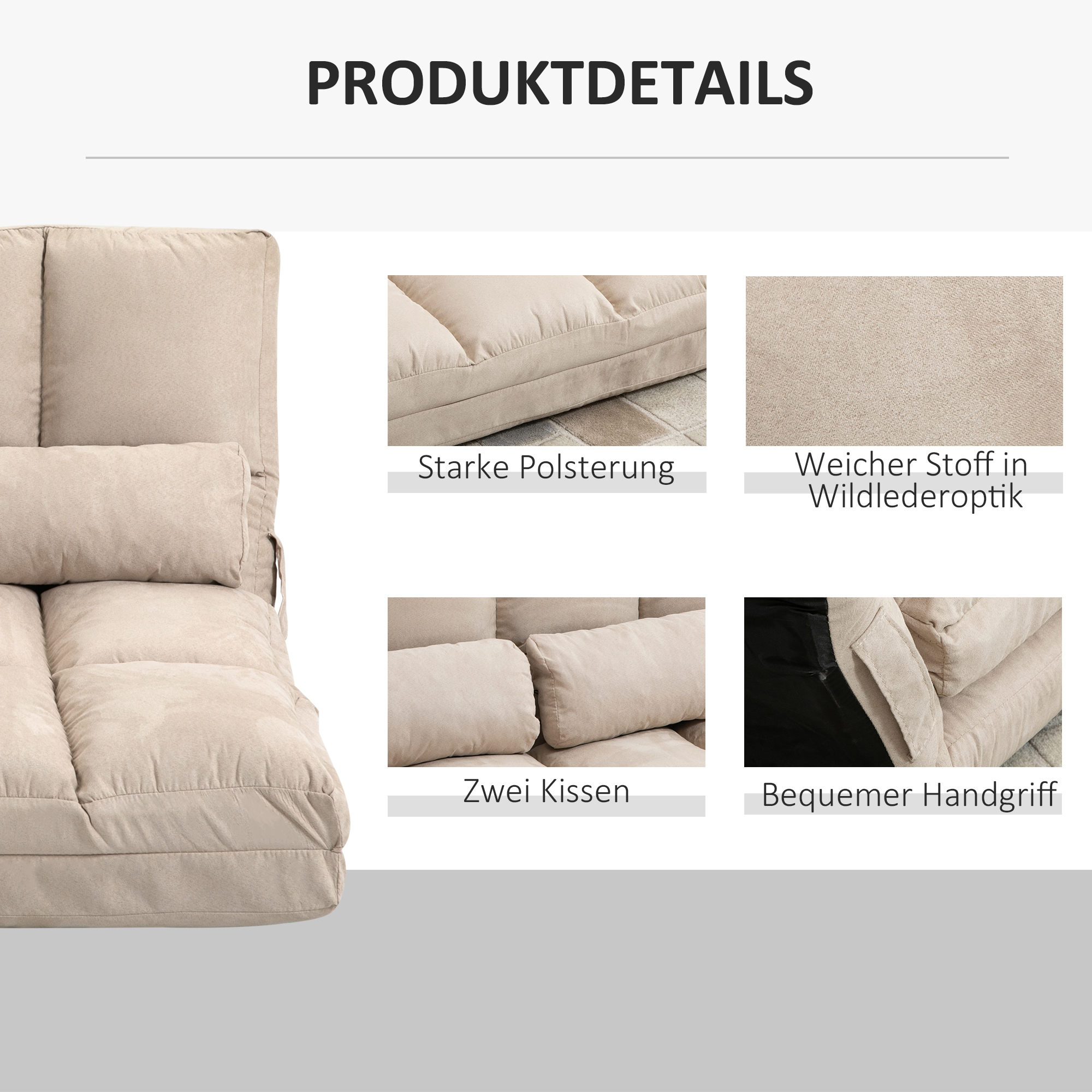 2-in-1 Bodensessel, Rückenlehne, Verstellbar, 102 x 73 x 60 cm, Beige