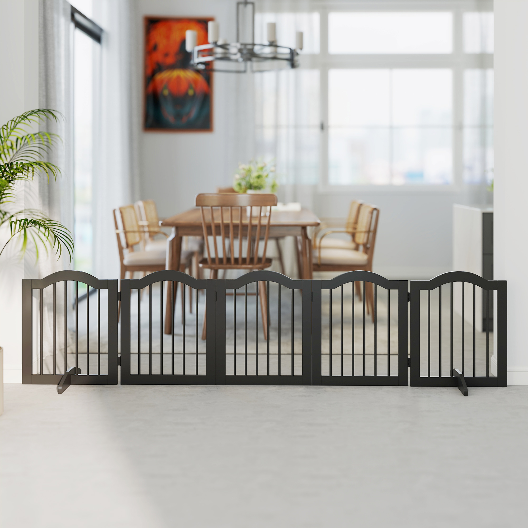 Absperrgitter Hund Freistehendes Schutzgitter mit Füßen, Klappbar Hundegitter, 5 Paneelen, 261,5 x 29,5 x 61 cm, Schwarz
