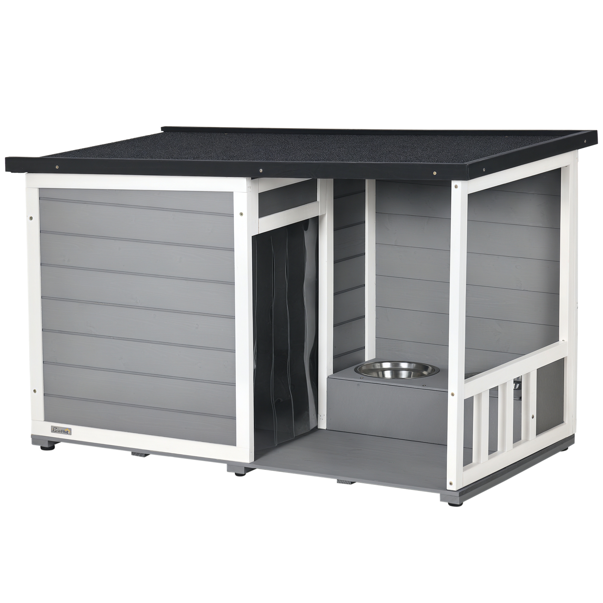 Hundehütte aus Massivholz, mit 2 Fressnäpfen, Veranda, wetterbeständig, 103 cm x 62 cm x 66 cm, Grau + Weiß