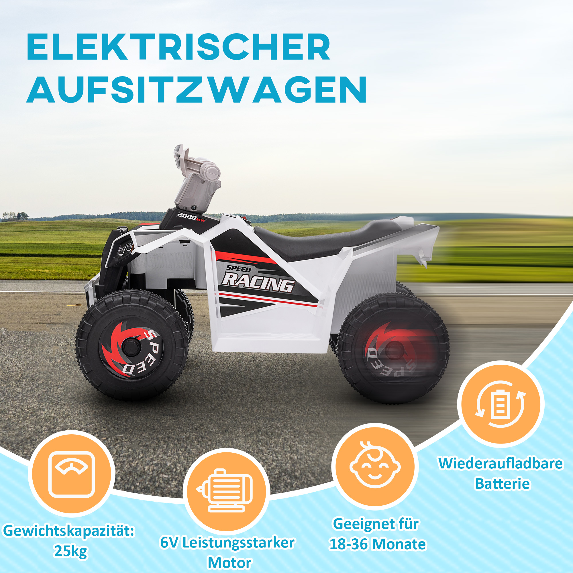 Kinderquad, 2,5 km/h, Vorwärts- & Rückwärtsgang, für 18-36 Monate, Weiß