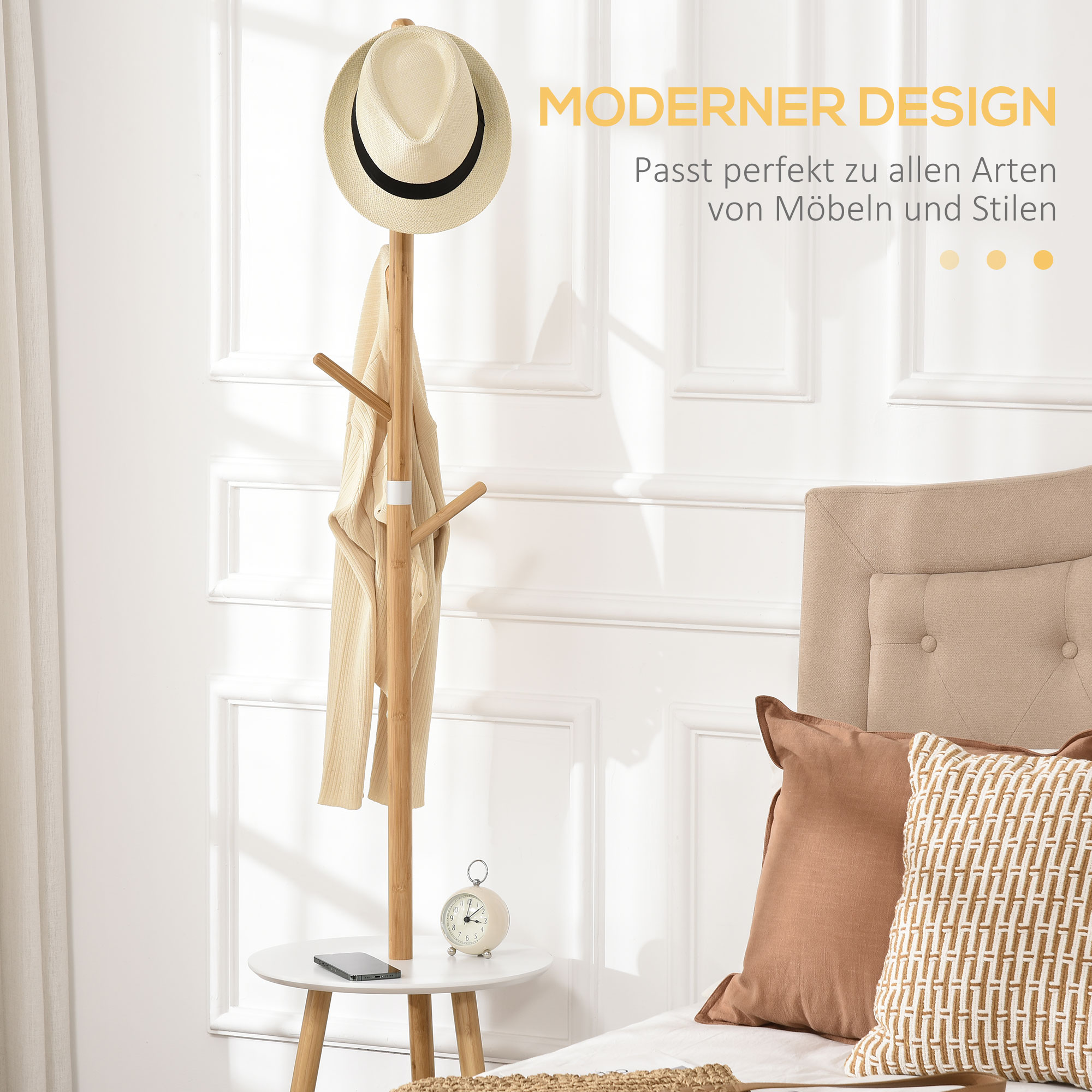Garderobenständer mit Beistelltisch im Skandi-Design, 5 Kleiderhaken, 39, 5 cm x 39,5 cm x 171 cm, Natur + Weiß