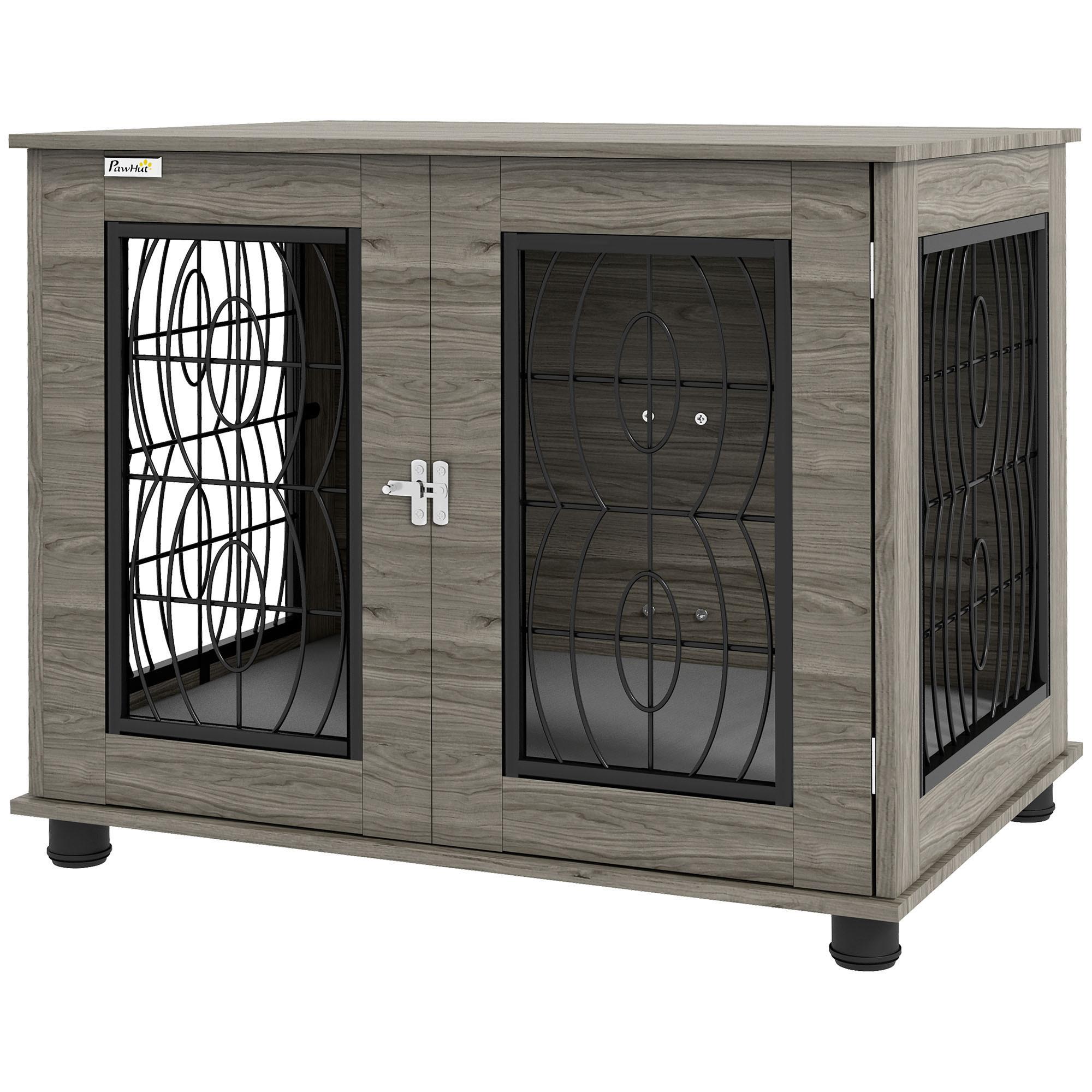 Hundebox mit Liegekissen, bis 20kg/50cm Körperlänge, Metall, 80x56x63cm, Grau/Holzdekor