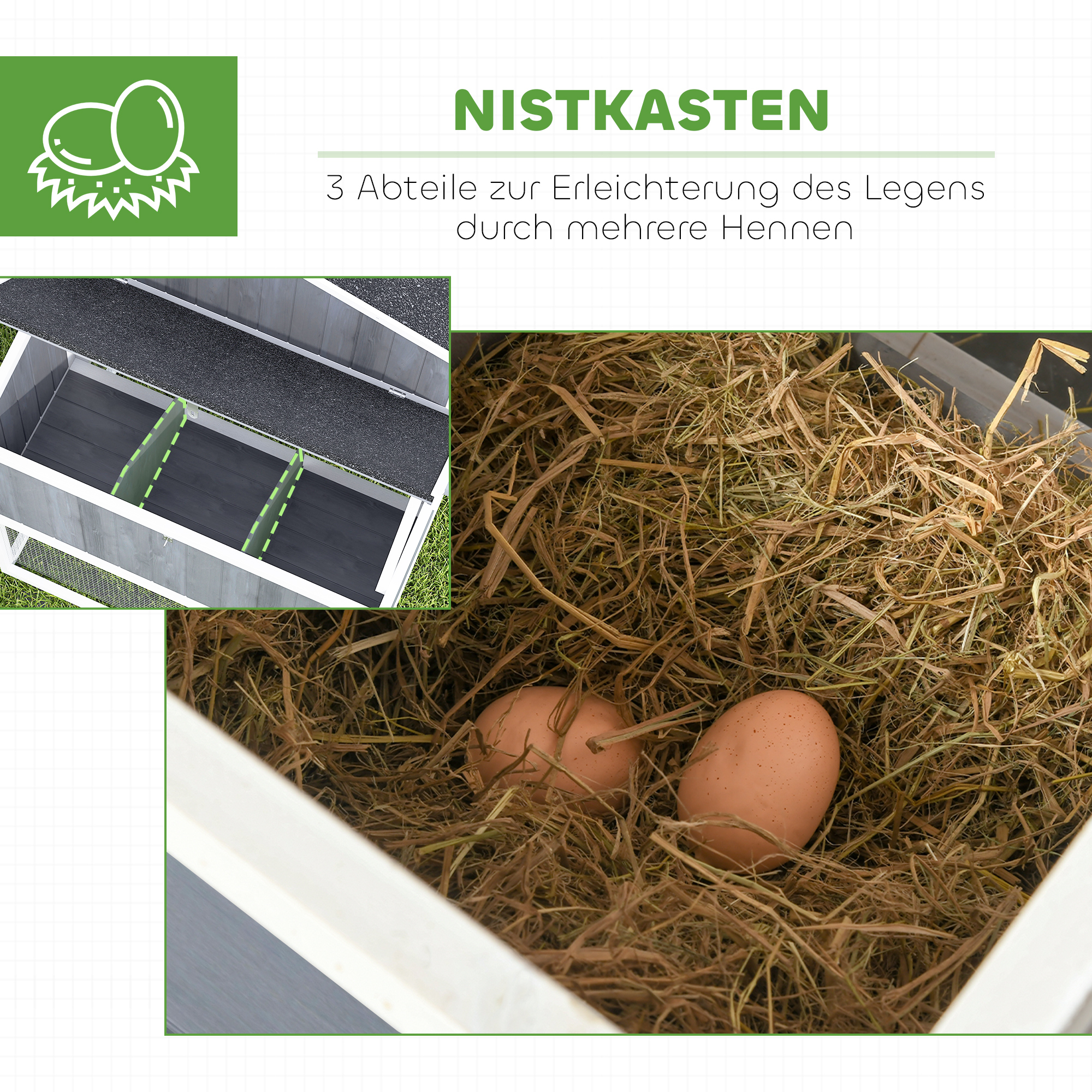 Hühnerstall mit Auslauf für 3-4 Hühner, 3-tlg, Nistkasten, 1,9 m² Fläche, Tannenholz, Grau