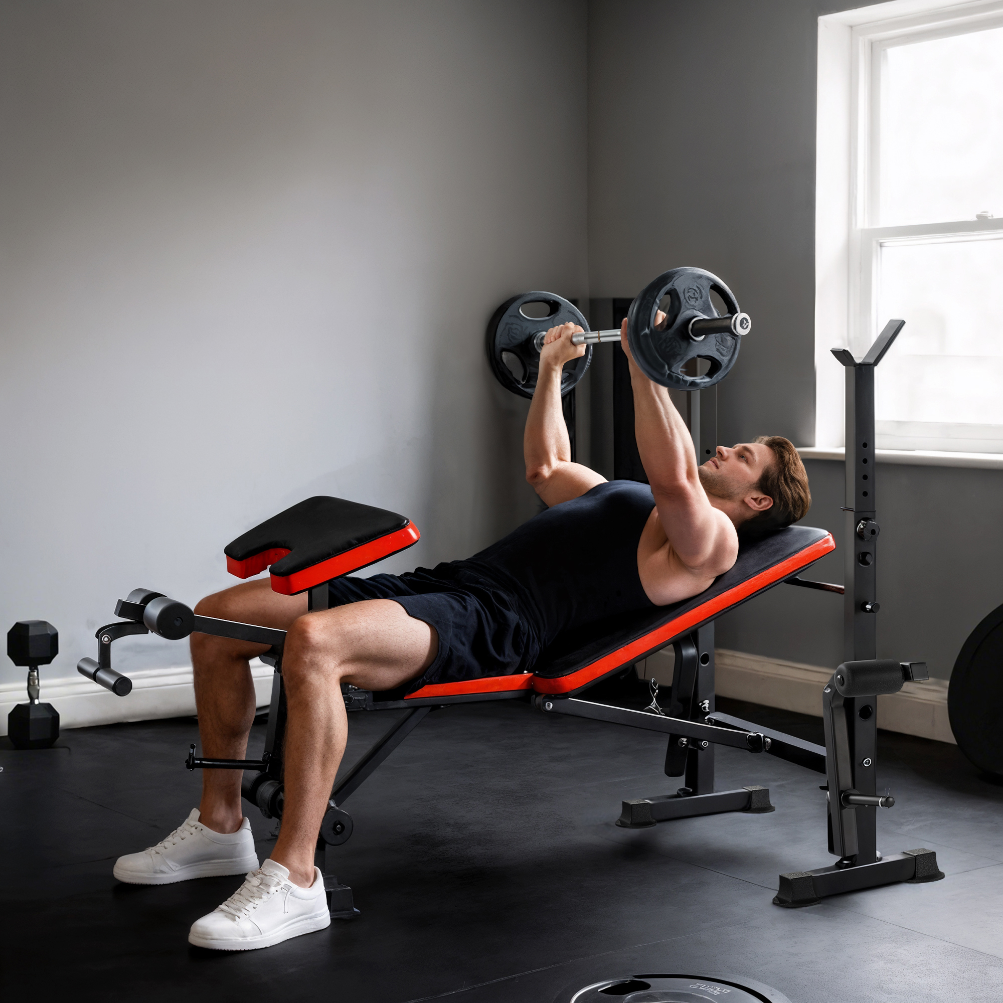 Hantelbank ohne Gewichte, verstellbare Fitnessbank für zahlreiche Übungen,  Workout-Station, Stahl, Kunststoff, Schwarz+Rot