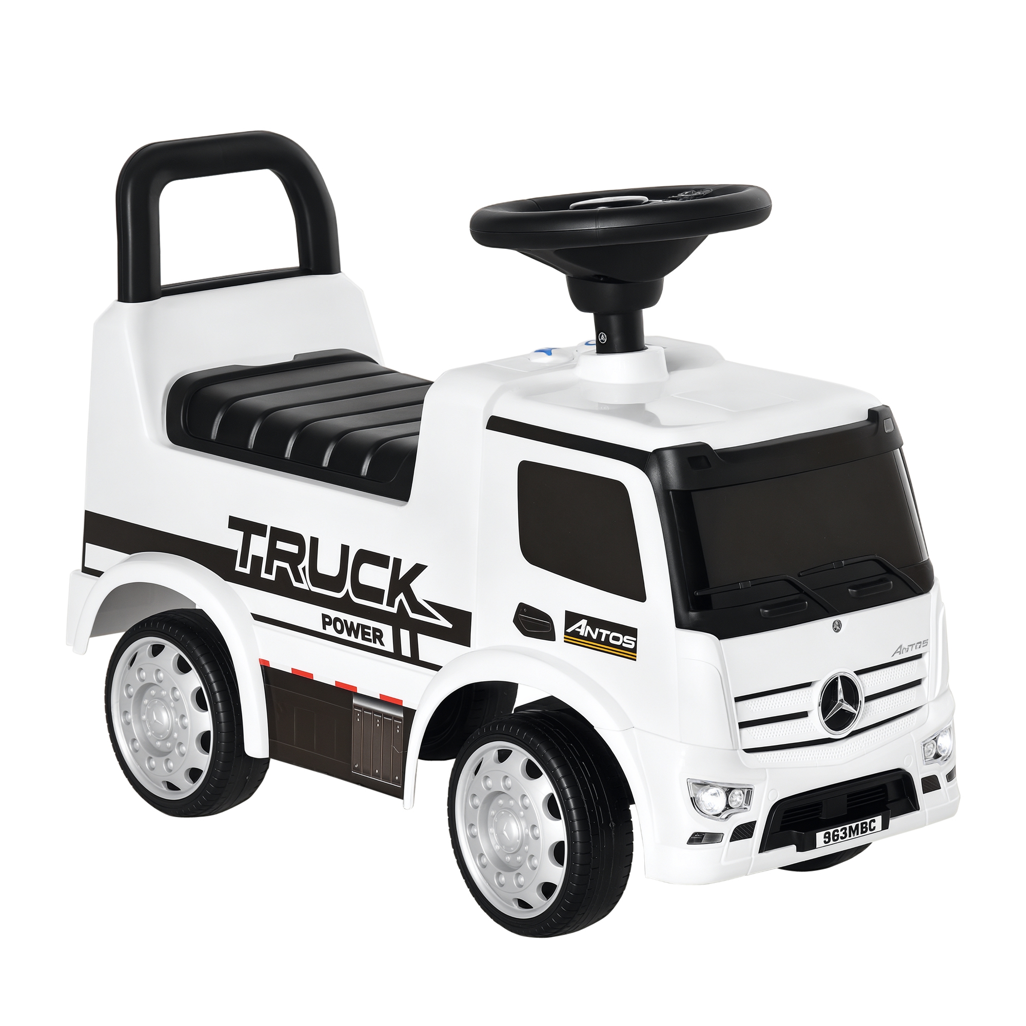 Rutscherfahrzeug Rutscherauto Babyrutscher Kinderfahrzeug lizenziert von Mercedes ANTOS-LKW-Stil mit Licht für Kinder von 12 bis 36 Monaten Metall PP-Kunststoff Weiß+Schwarz 62,5x28,5x45cm